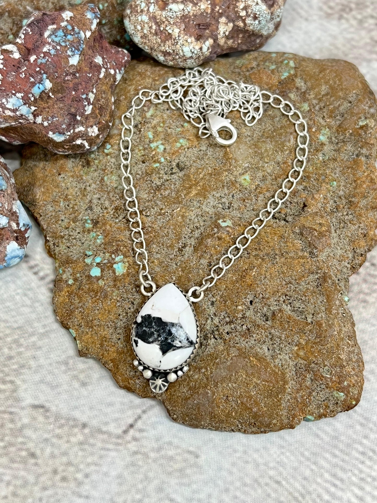 Handmade Sterling Silver White Buffalo Turquoise Necklace with Signed Nizhoni