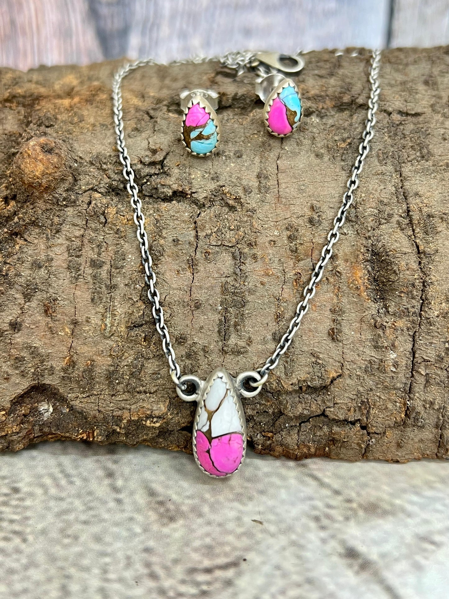Handmade Sterling Silver Cotton Candy Turquoise Necklace Earrings Set with Signed Nizhoni