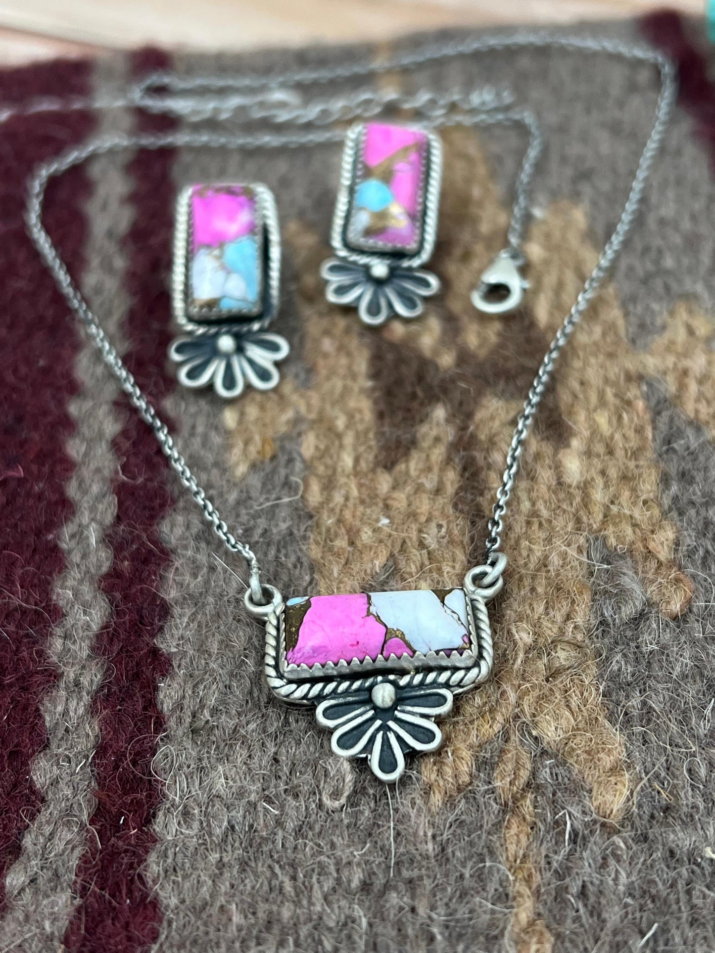 Handmade Sterling Silver Cotton Candy Turquoise Necklace Earrings Set, Signed Nizhoni