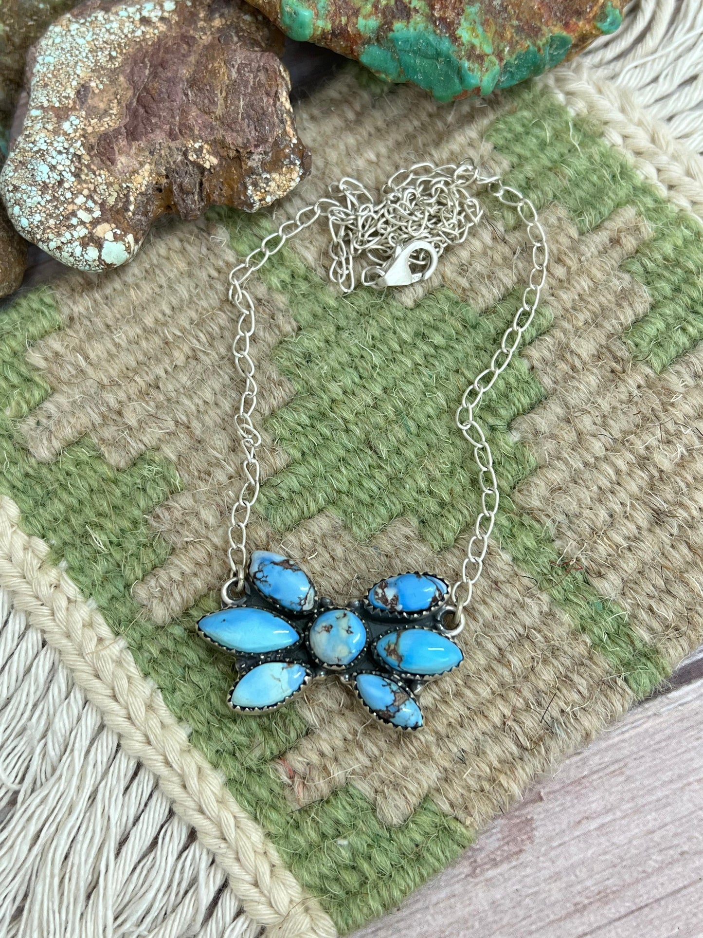 Handmade Sterling Silver Golden Hills Turquoise Necklace with Signed Nizhoni