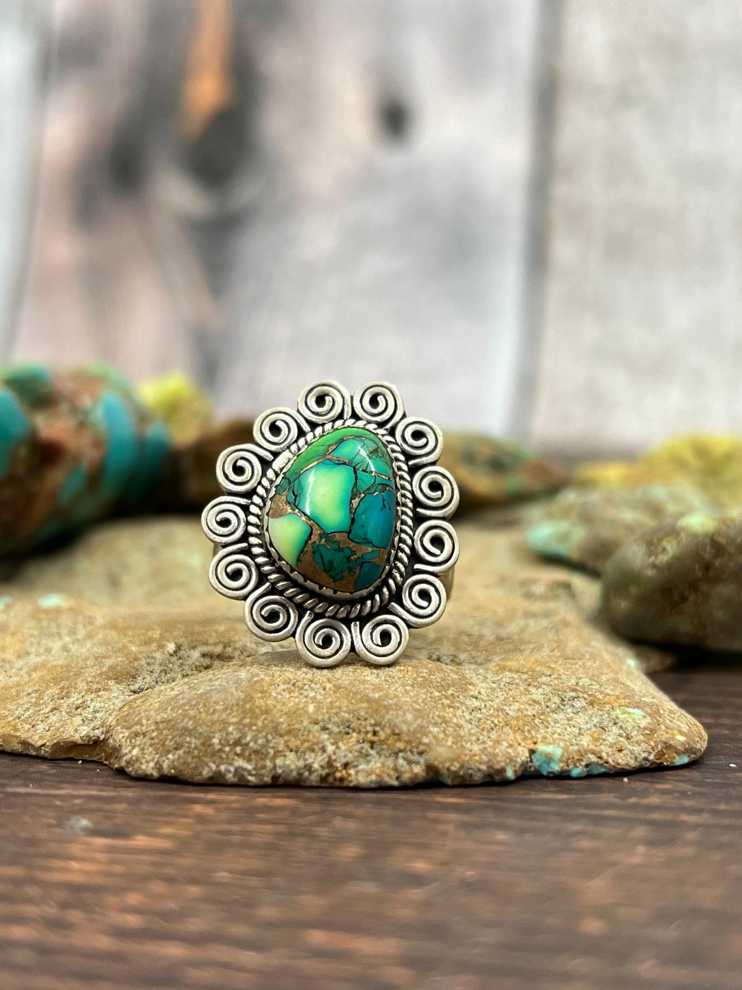 Handmade Sterling Silver Peacock Dahlia Adjustable Ring with Signed Nizhoni
