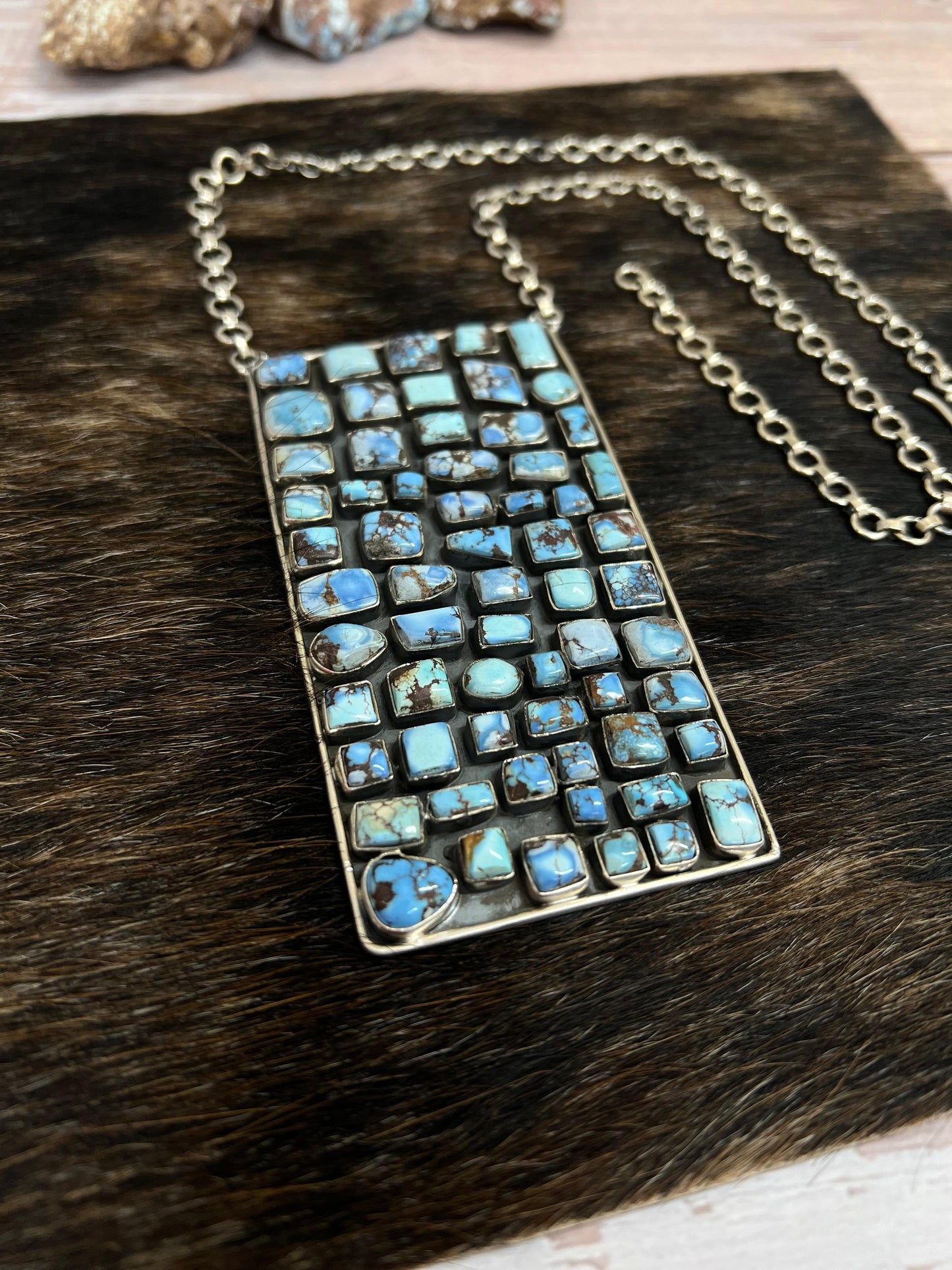 Handmade Sterling Silver Golden Hills Turquoise Necklace with Signed Nizhoni