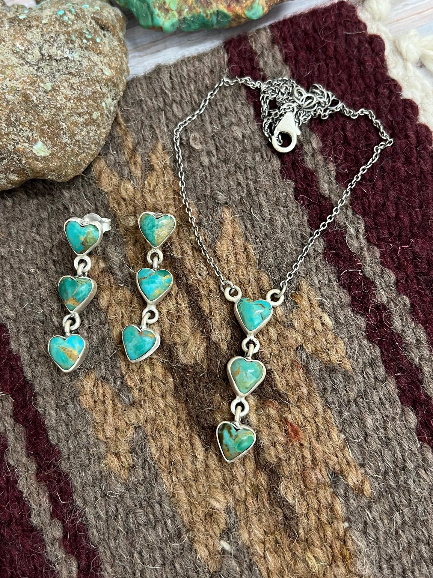 Handmade Sterling Silver Kingman Turquoise Heart Necklace Earrings Set with Signed Nizhoni