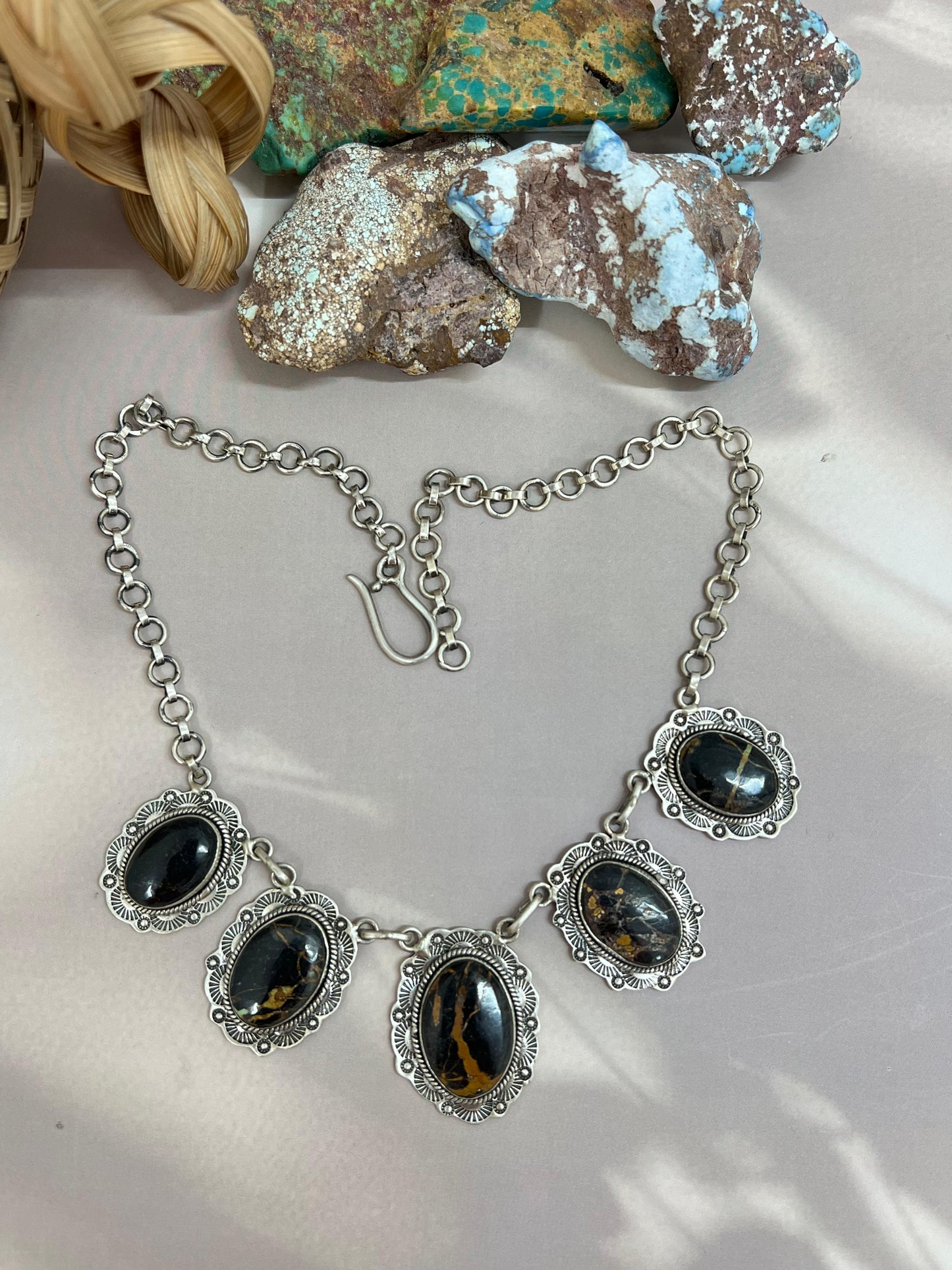 Handmade Sterling Silver Black Jack Choker Necklace with Signed Nizhoni