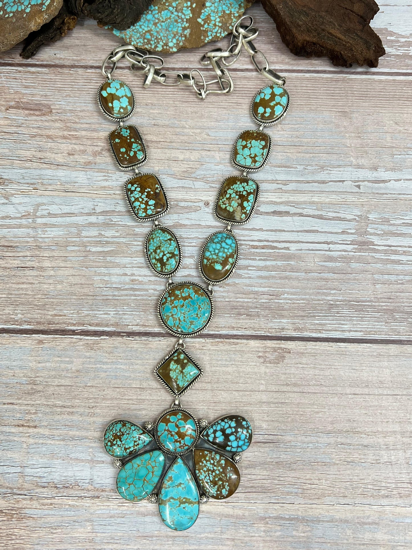Handmade Sterling Silver Number 8 Turquoise Necklace with Signed Nizhoni