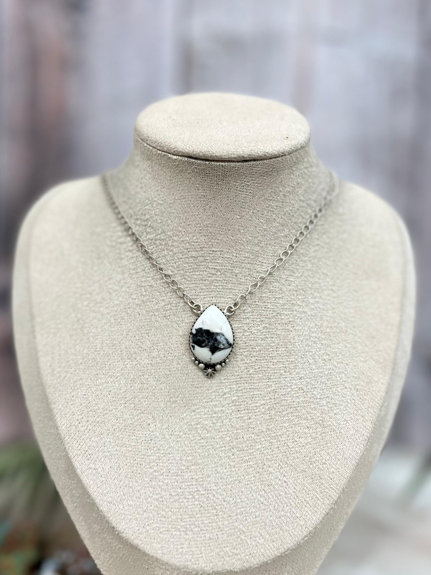 Handmade Sterling Silver White Buffalo Turquoise Necklace with Signed Nizhoni