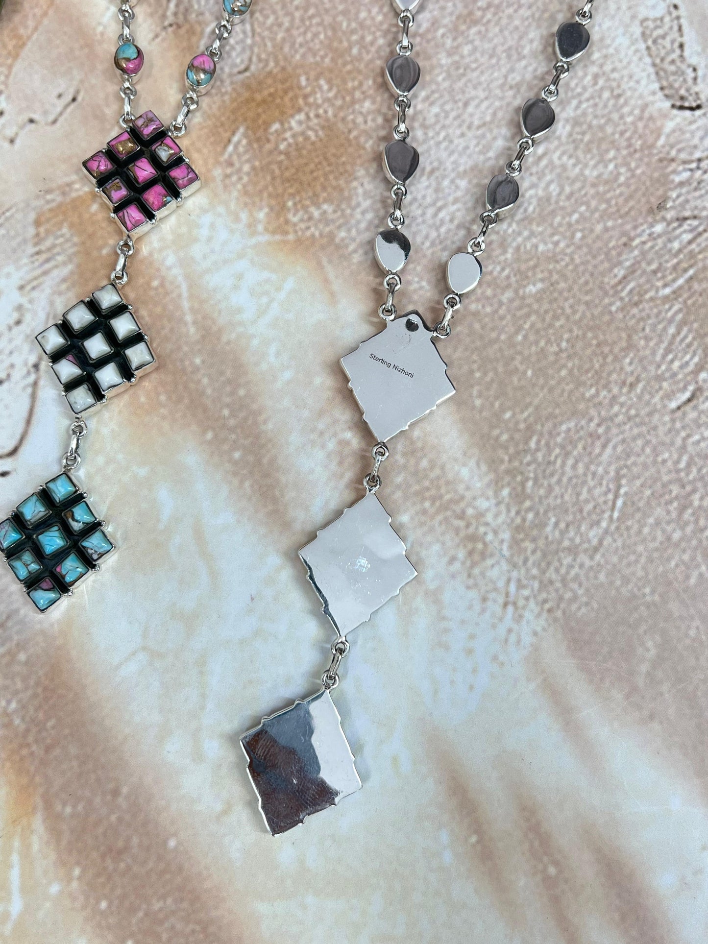 Handmade Sterling Silver Cotton Candy Turquoise Necklace with Signed Nizhoni