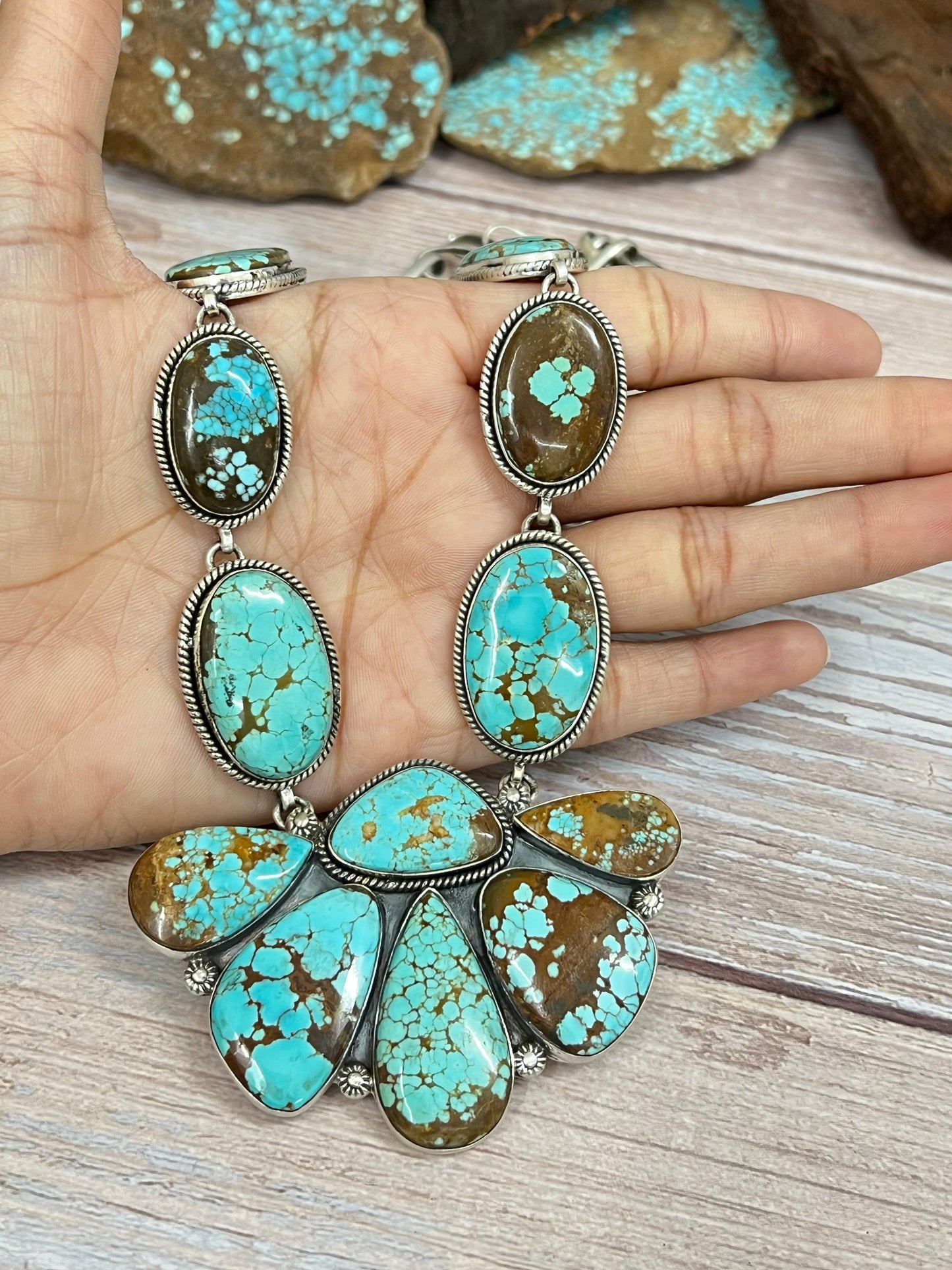 Handmade Sterling Silver Number 8 Turquoise Necklace with Signed Nizhoni