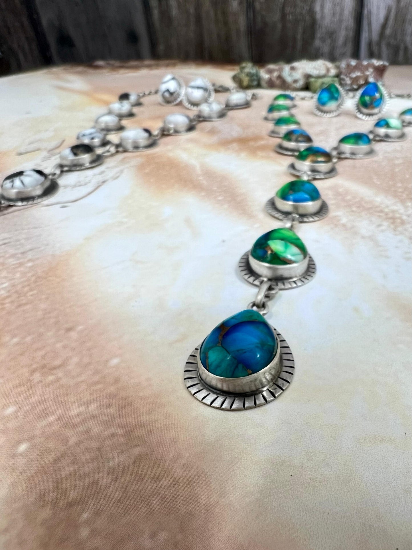 Handmade Sterling Silver White Buffalo Turquoise, Peacock Dahlia Necklace Earrings Set, Signed Nizhoni