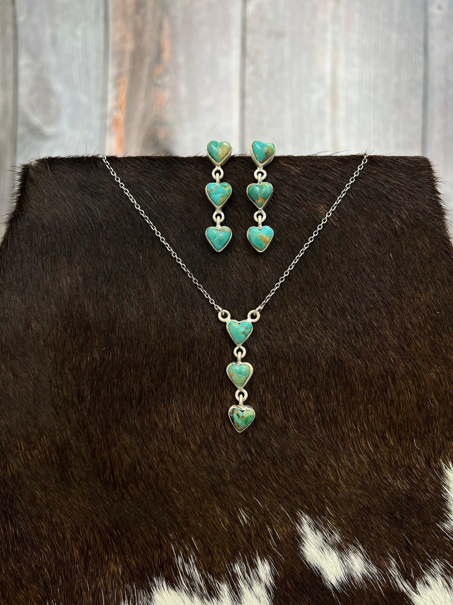 Handmade Sterling Silver Kingman Turquoise Heart Necklace Earrings Set with Signed Nizhoni