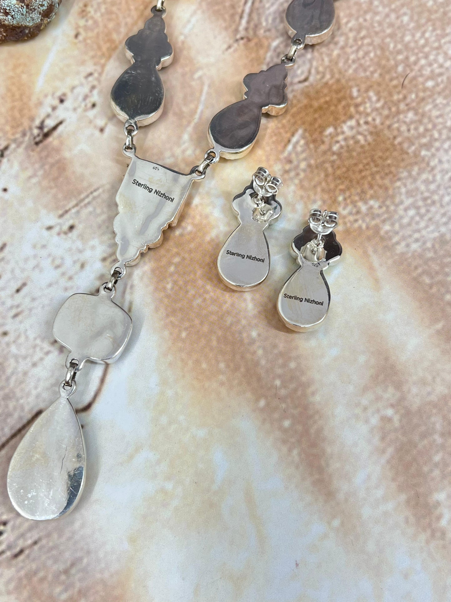 Handmade Sterling Silver Honey Dahlia with Kingman Turquoise Necklace Earrings Set, Signed Nizhoni