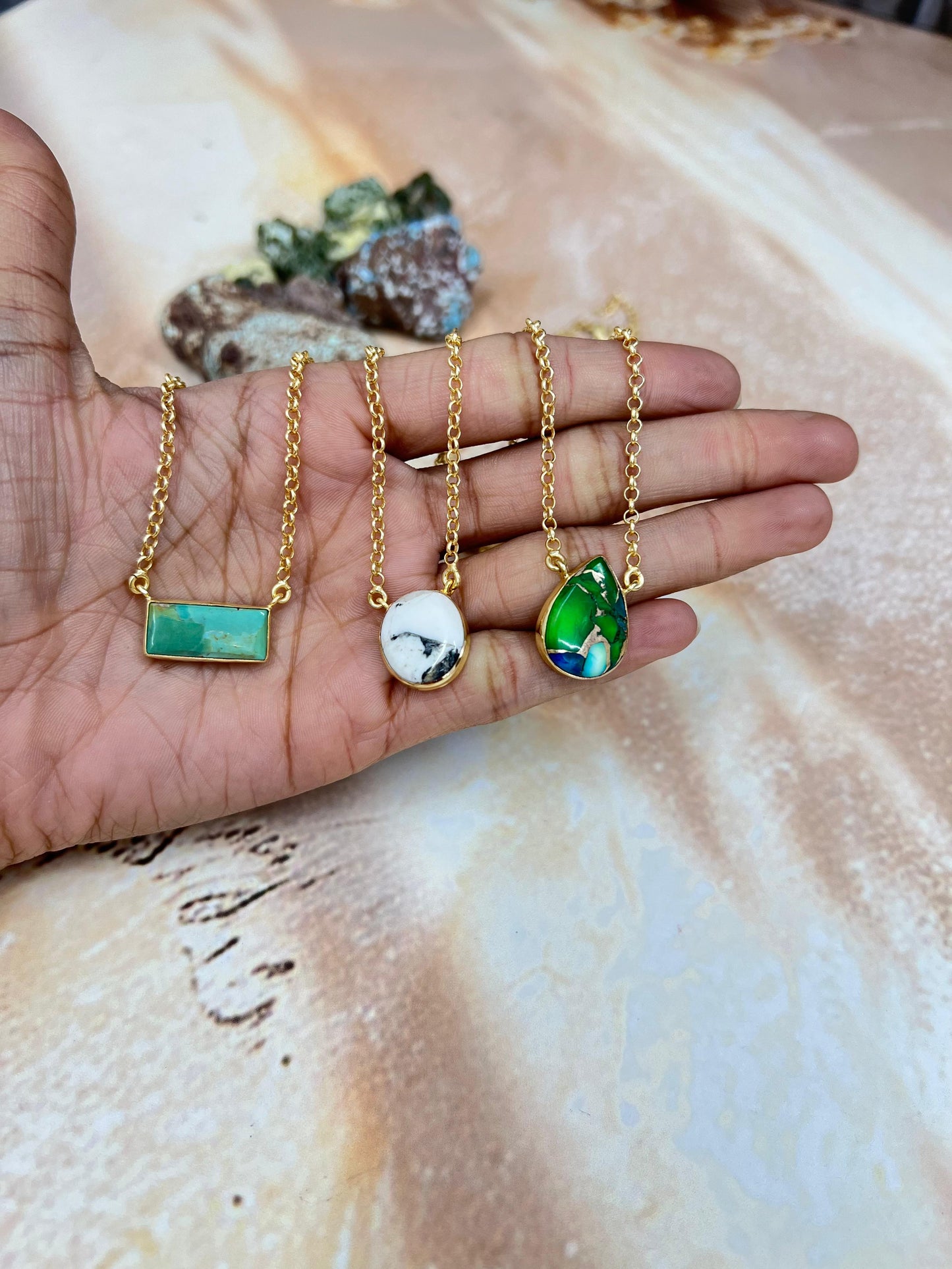 “The Golden Collection” Natural White Buffalo, Peacock Dahlia, Kingman Turquoise Necklace