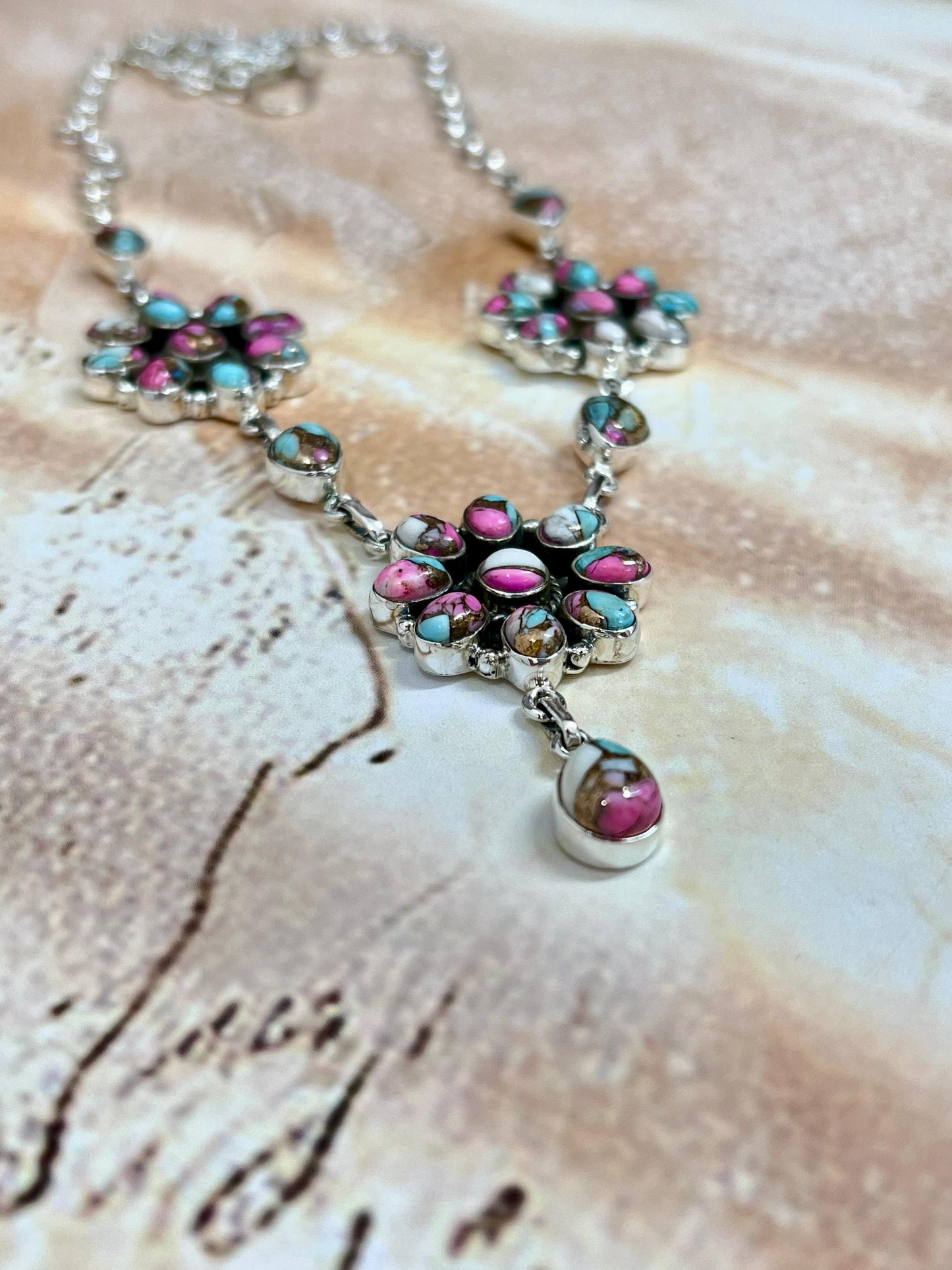 Handmade Sterling Silver Cotton Candy Turquoise Necklace with Signed Nizhoni