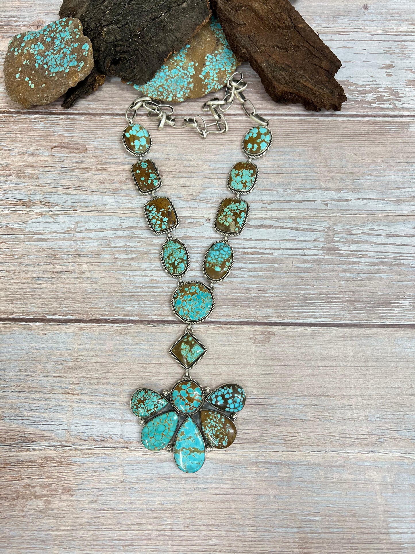 Handmade Sterling Silver Number 8 Turquoise Necklace with Signed Nizhoni