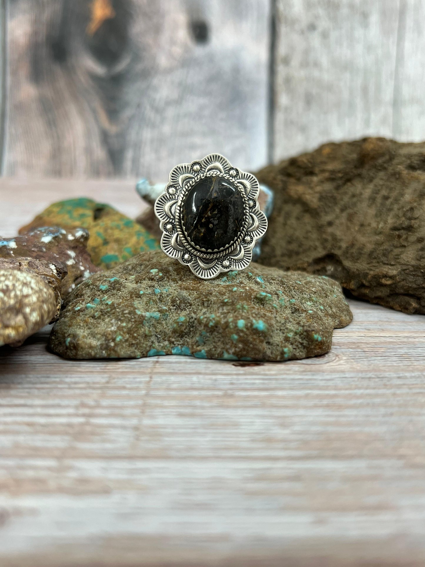 Handmade Sterling Silver Black Jack Adjustable Ring with Signed Nizhoni