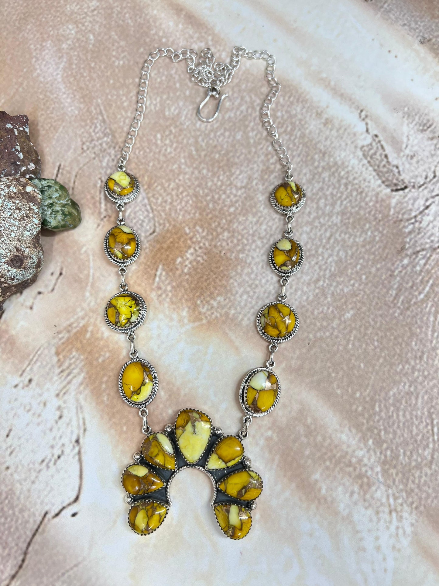 Handmade Sterling Silver Honey Dahlia Squash Blossom Necklace with Signed Nizhoni