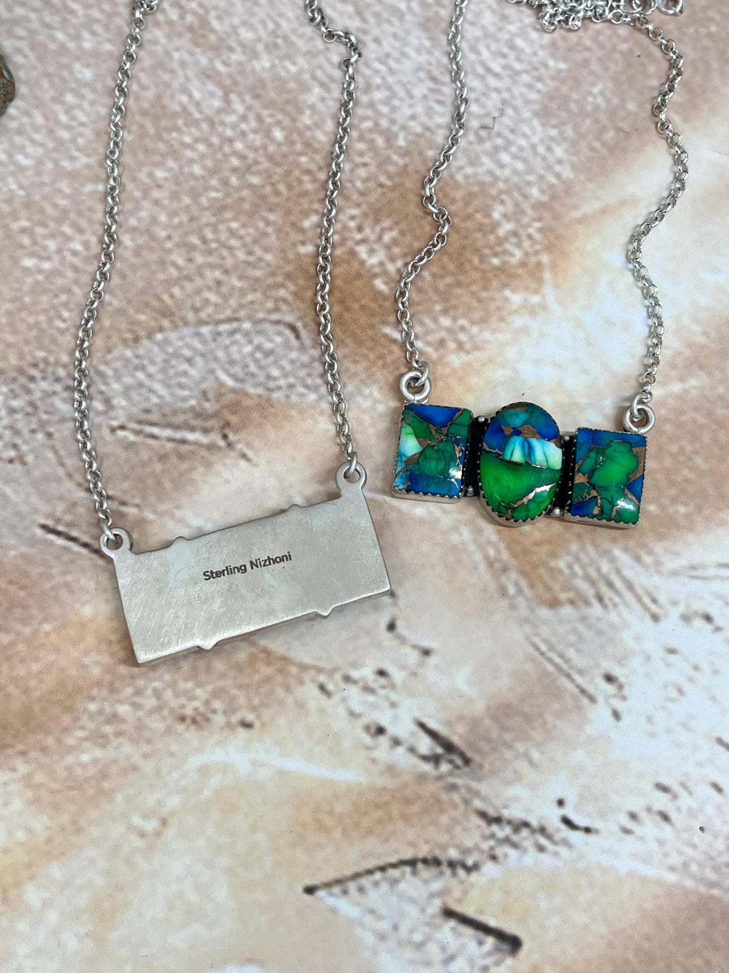 Handmade Sterling Silver Peacock Dahlia Necklace with Signed Nizhoni