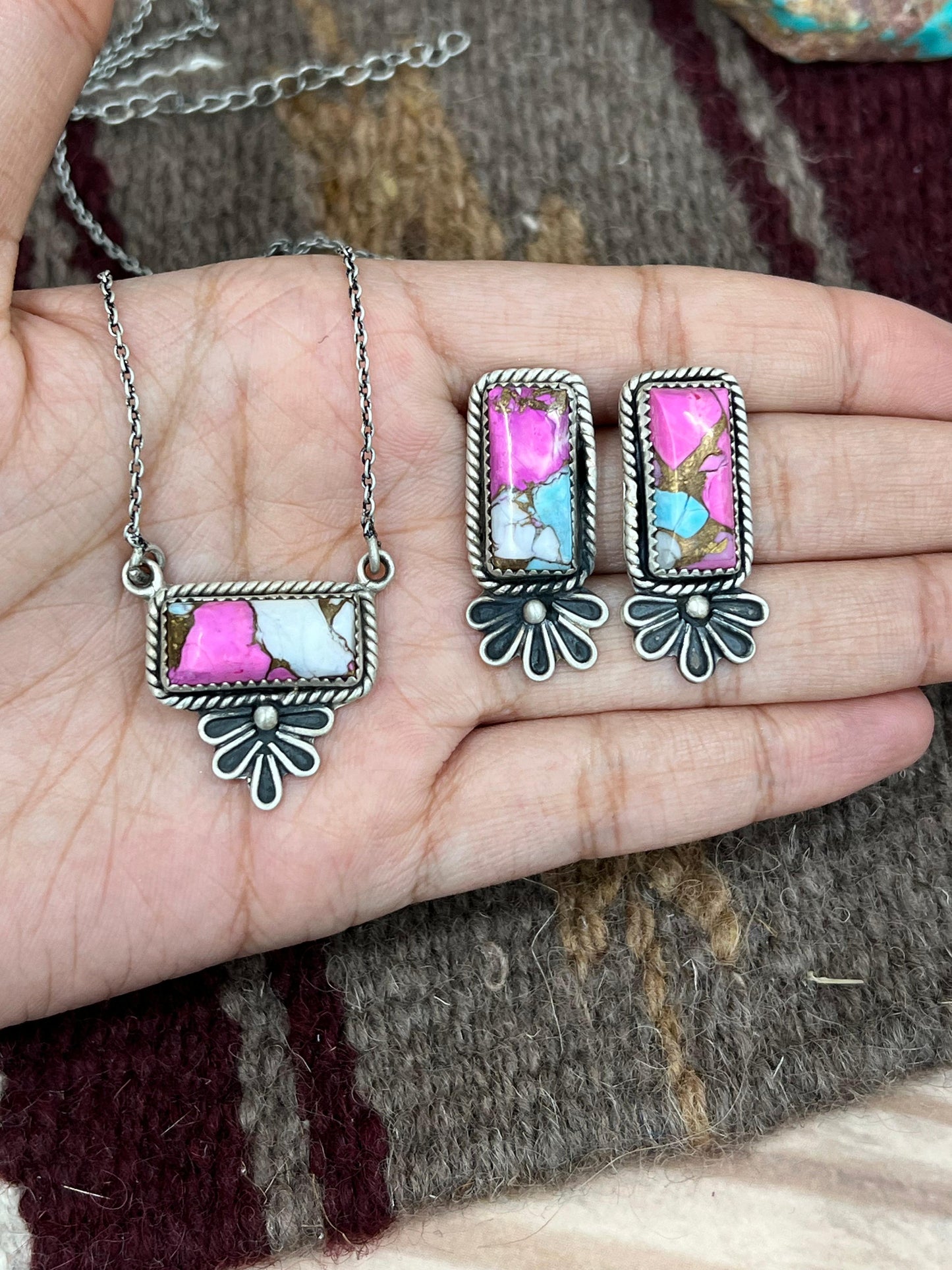 Handmade Sterling Silver Cotton Candy Turquoise Necklace Earrings Set, Signed Nizhoni