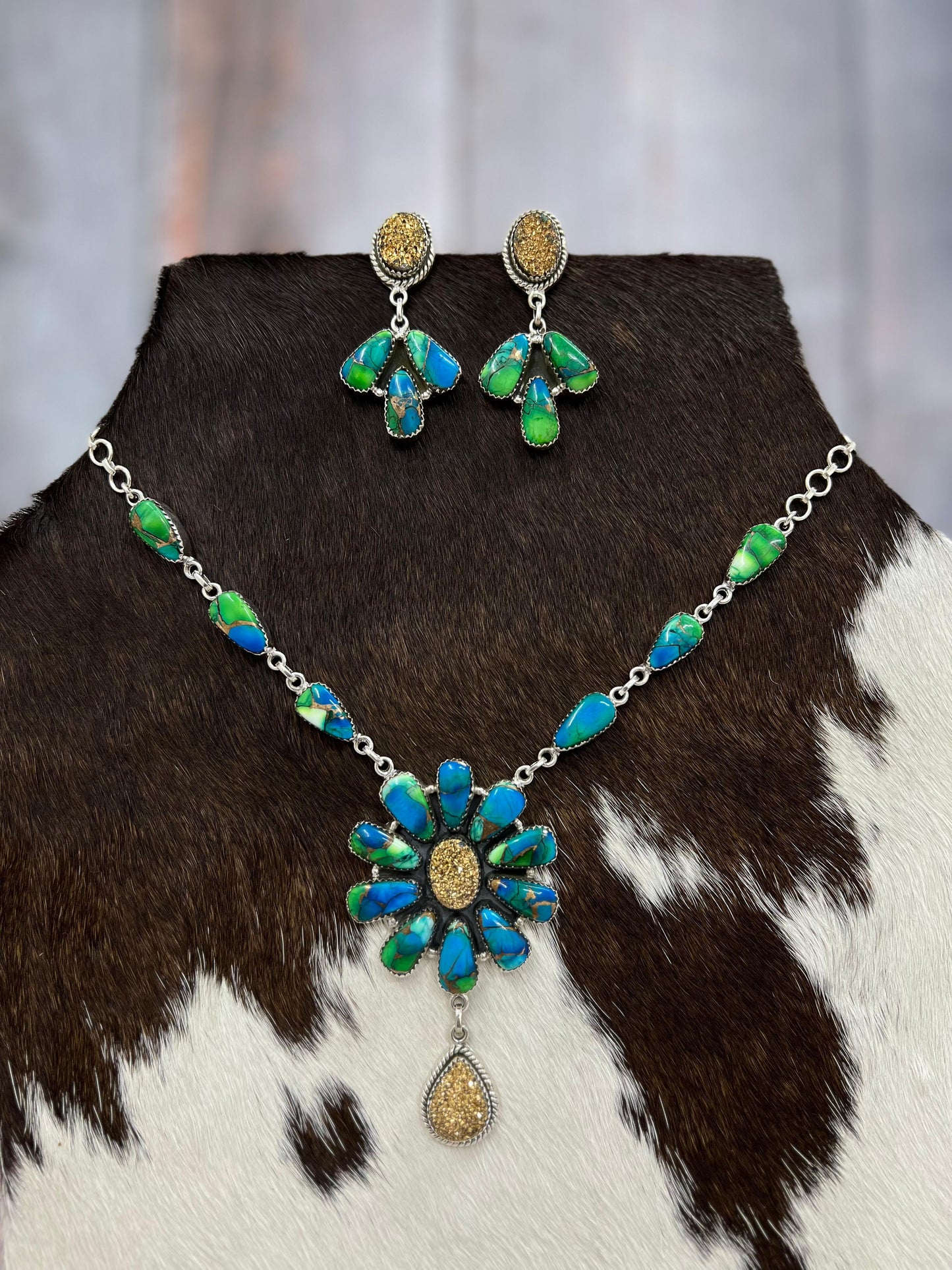 Handmade Sterling Silver Peacock Dahlia with Druzy Necklace Earrings Set with Signed Nizhoni