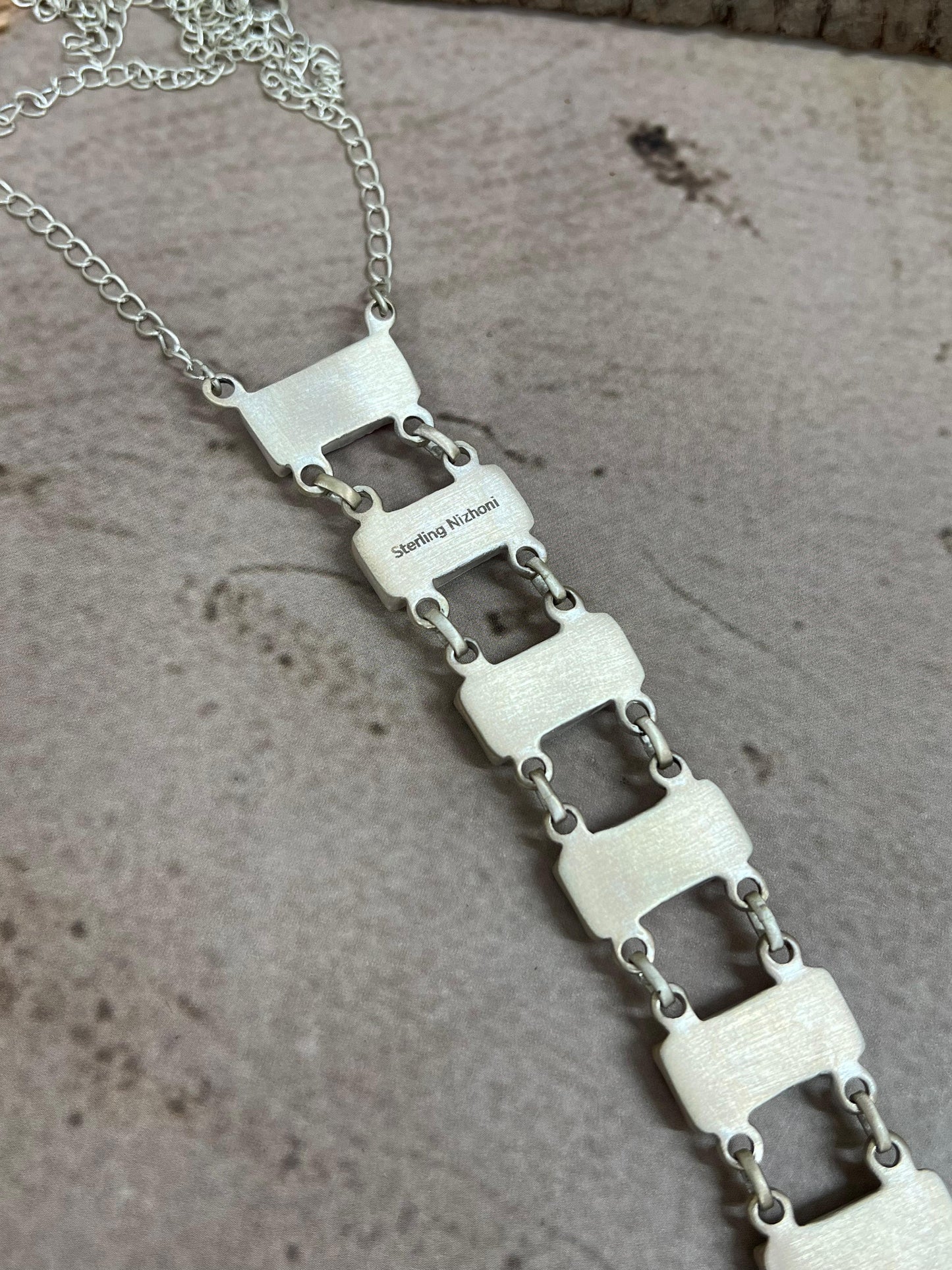 Handmade Sterling Silver Cotton Candy Turquoise Stairs Necklace with Signed Nizhoni