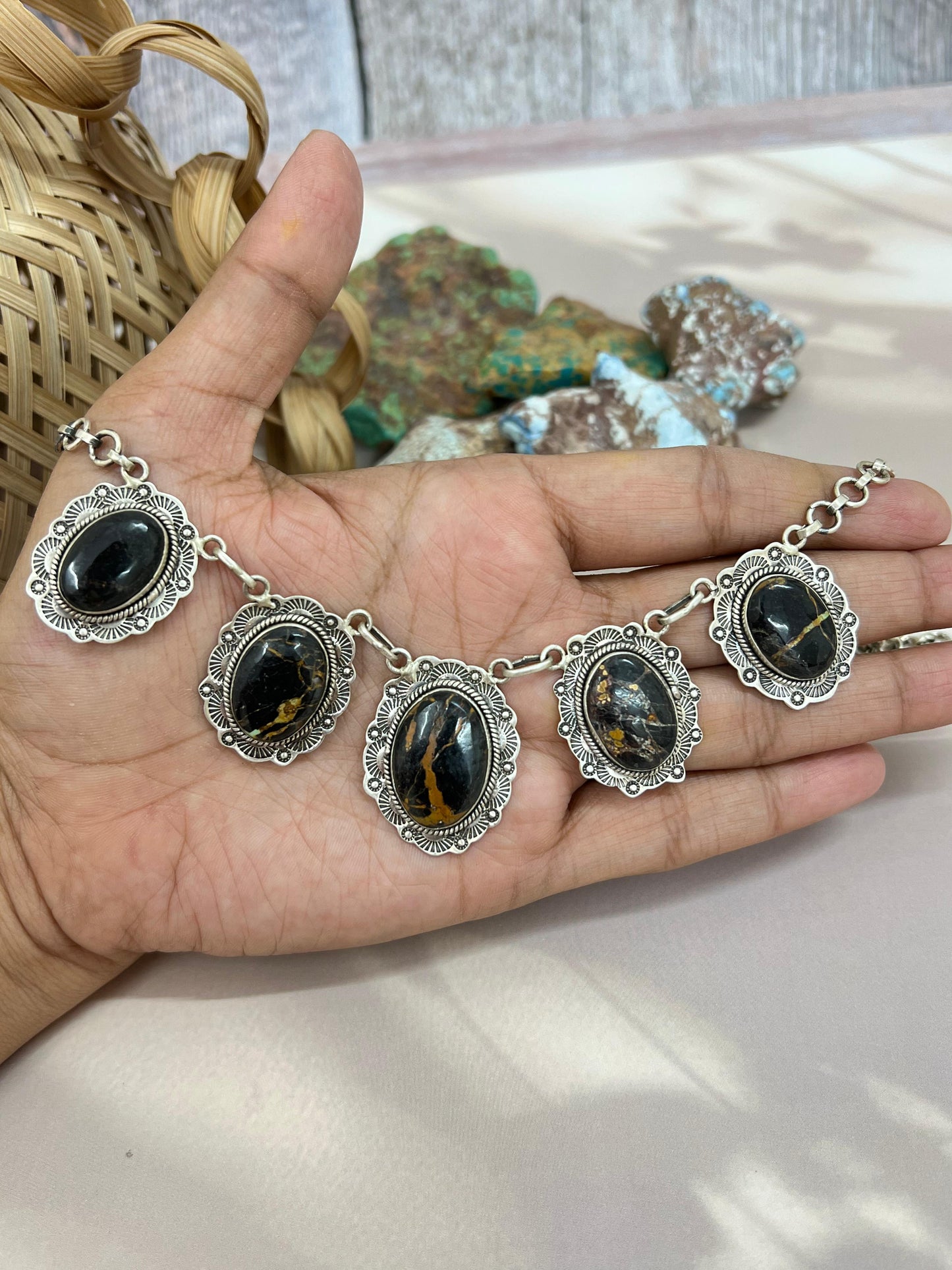 Handmade Sterling Silver Black Jack Choker Necklace with Signed Nizhoni