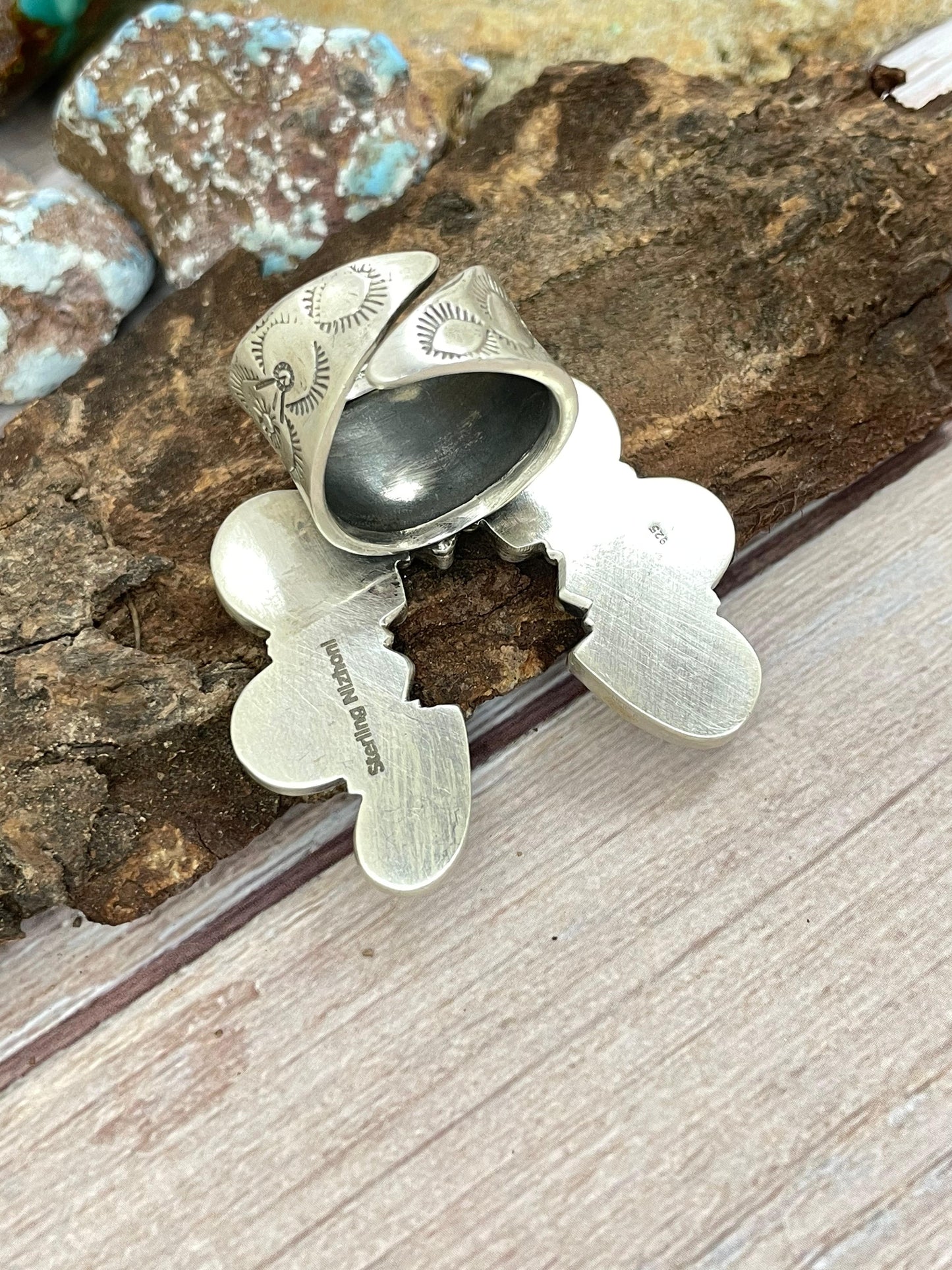 Handmade Sterling Silver Ribbon Royston Adjustable Ring with Signed Nizhoni