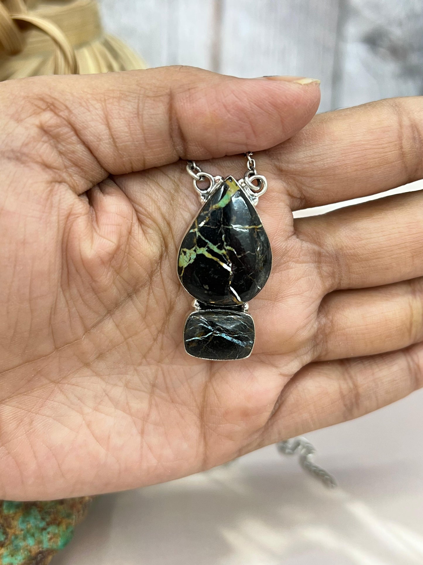 Handmade Sterling Silver Black Jack Necklace with Signed Nizhoni
