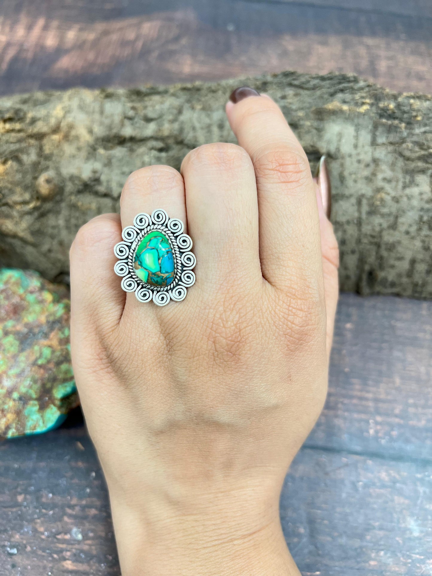 Handmade Sterling Silver Peacock Dahlia Adjustable Ring with Signed Nizhoni