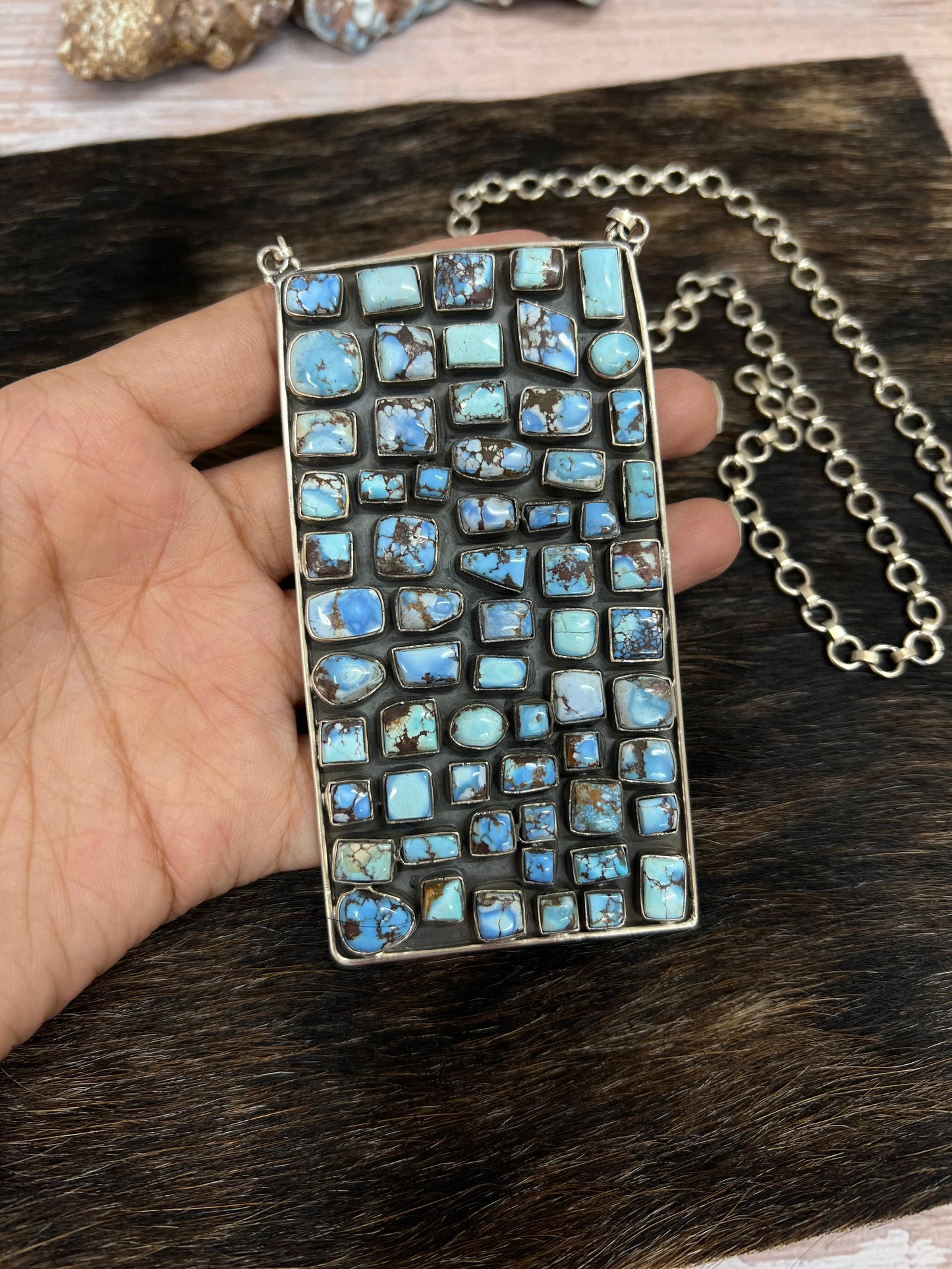 Handmade Sterling Silver Golden Hills Turquoise Necklace with Signed Nizhoni