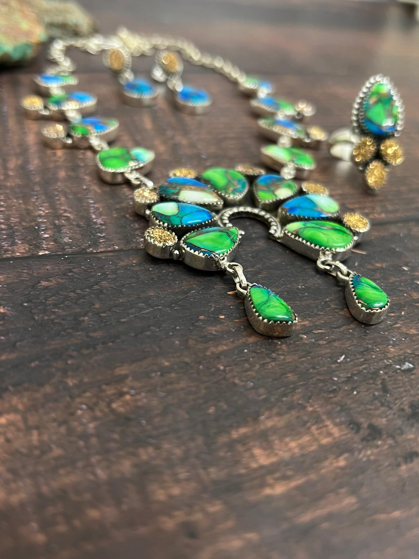 Handmade Sterling Silver Peacock Dahlia with Druzy Necklace, Ring & Earrings Set, Signed Nizhoni