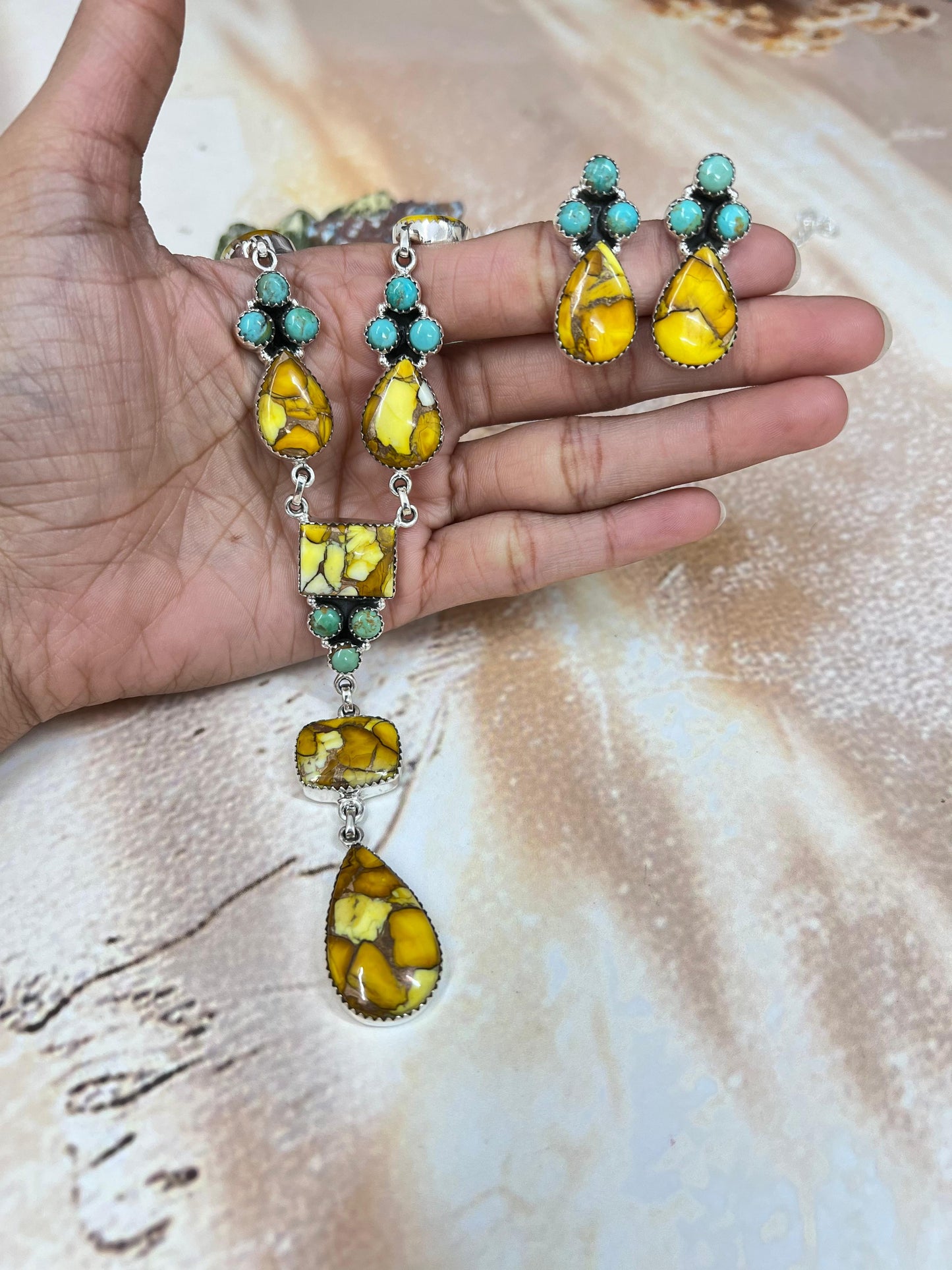 Handmade Sterling Silver Honey Dahlia with Kingman Turquoise Necklace Earrings Set, Signed Nizhoni