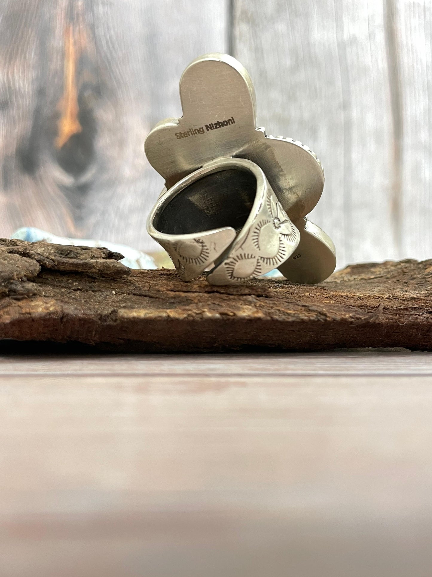 Handmade Sterling Silver Ribbon Royston Adjustable Ring with Signed Nizhoni