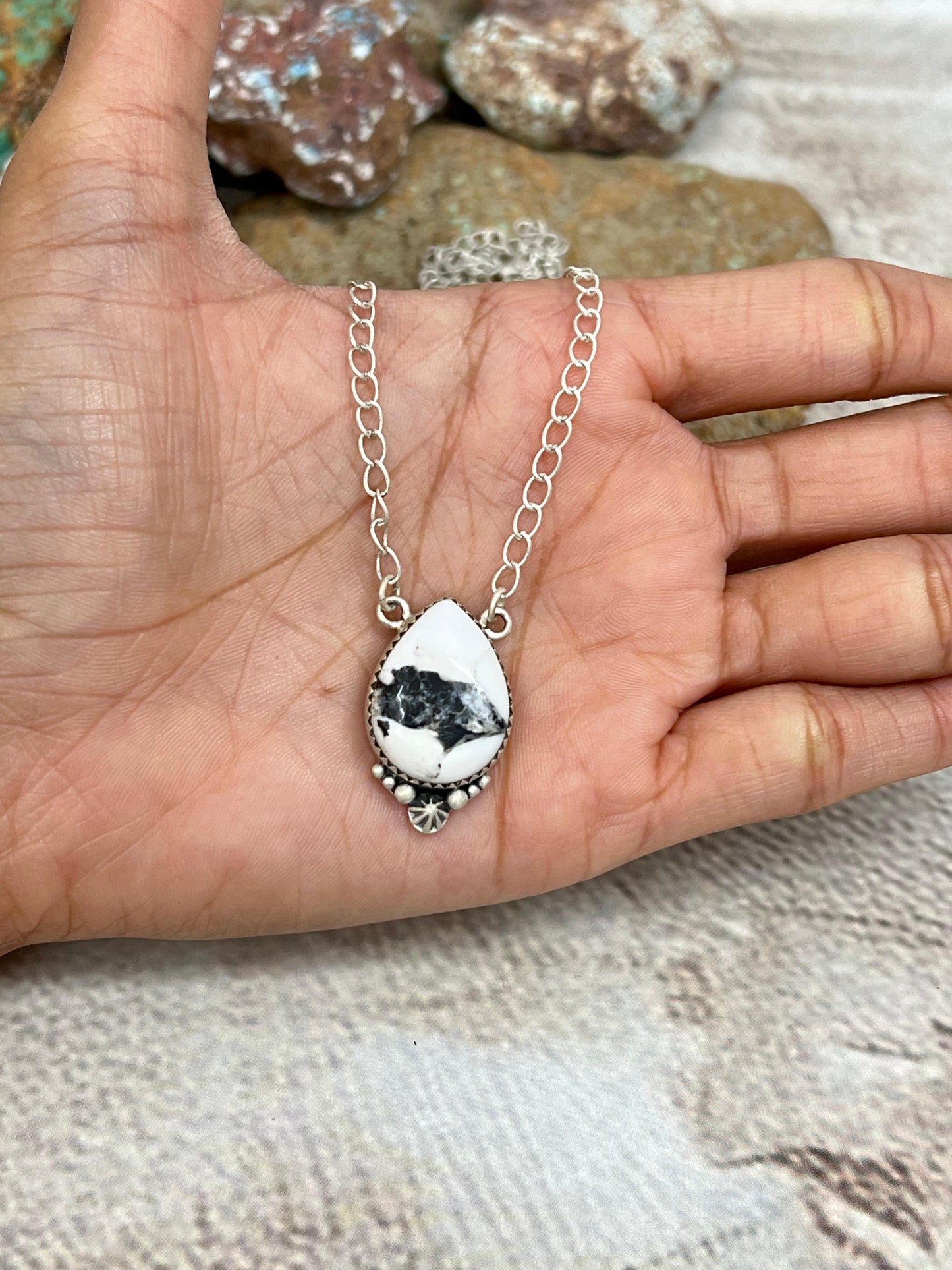 Handmade Sterling Silver White Buffalo Turquoise Necklace with Signed Nizhoni