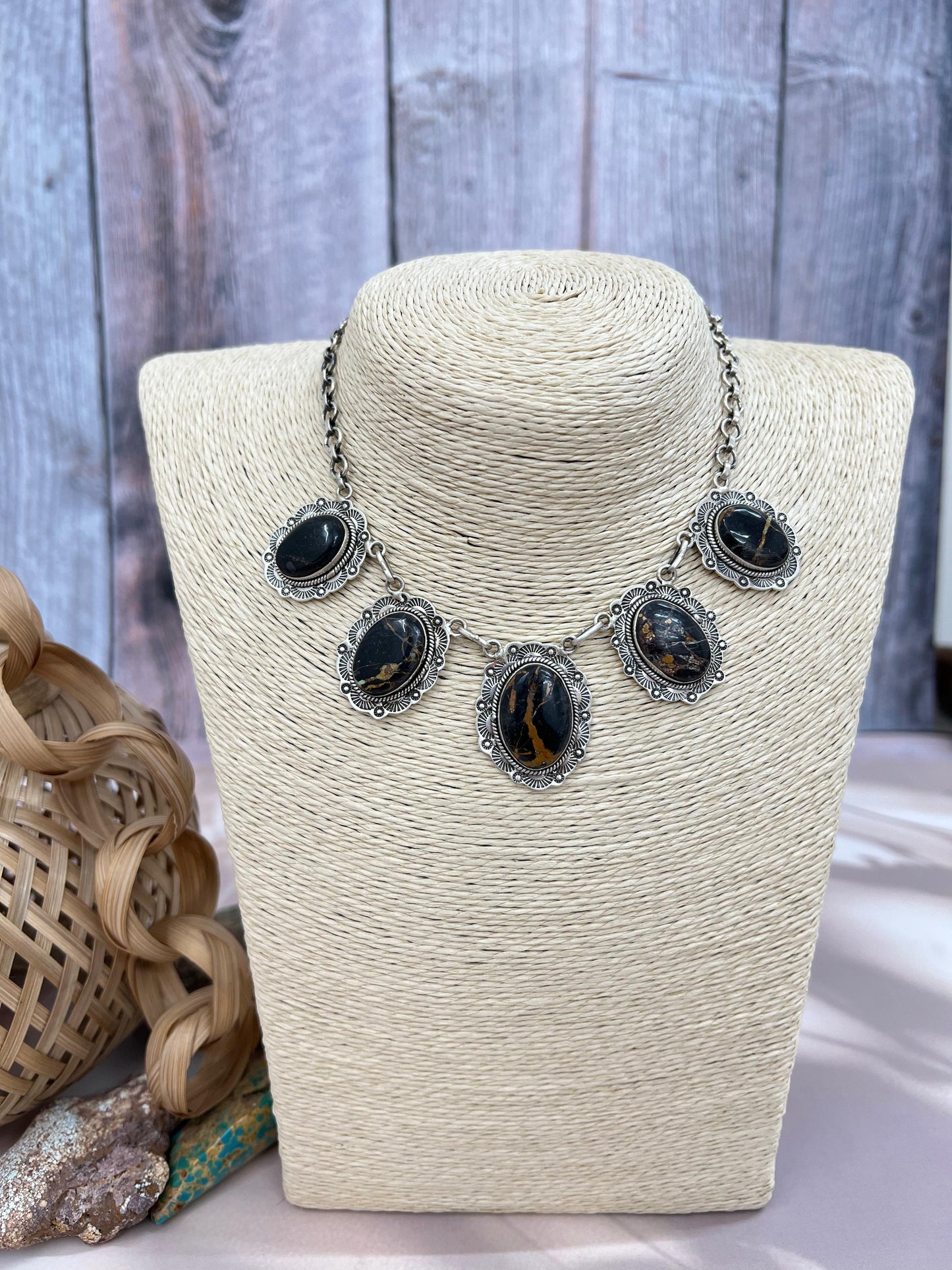 Handmade Sterling Silver Black Jack Choker Necklace with Signed Nizhoni