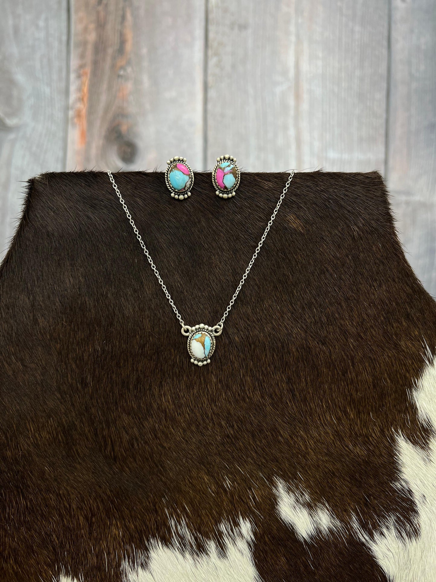 Handmade Sterling Silver Cotton Candy Turquoise Necklace Earrings Set, Signed Nizhoni (5)