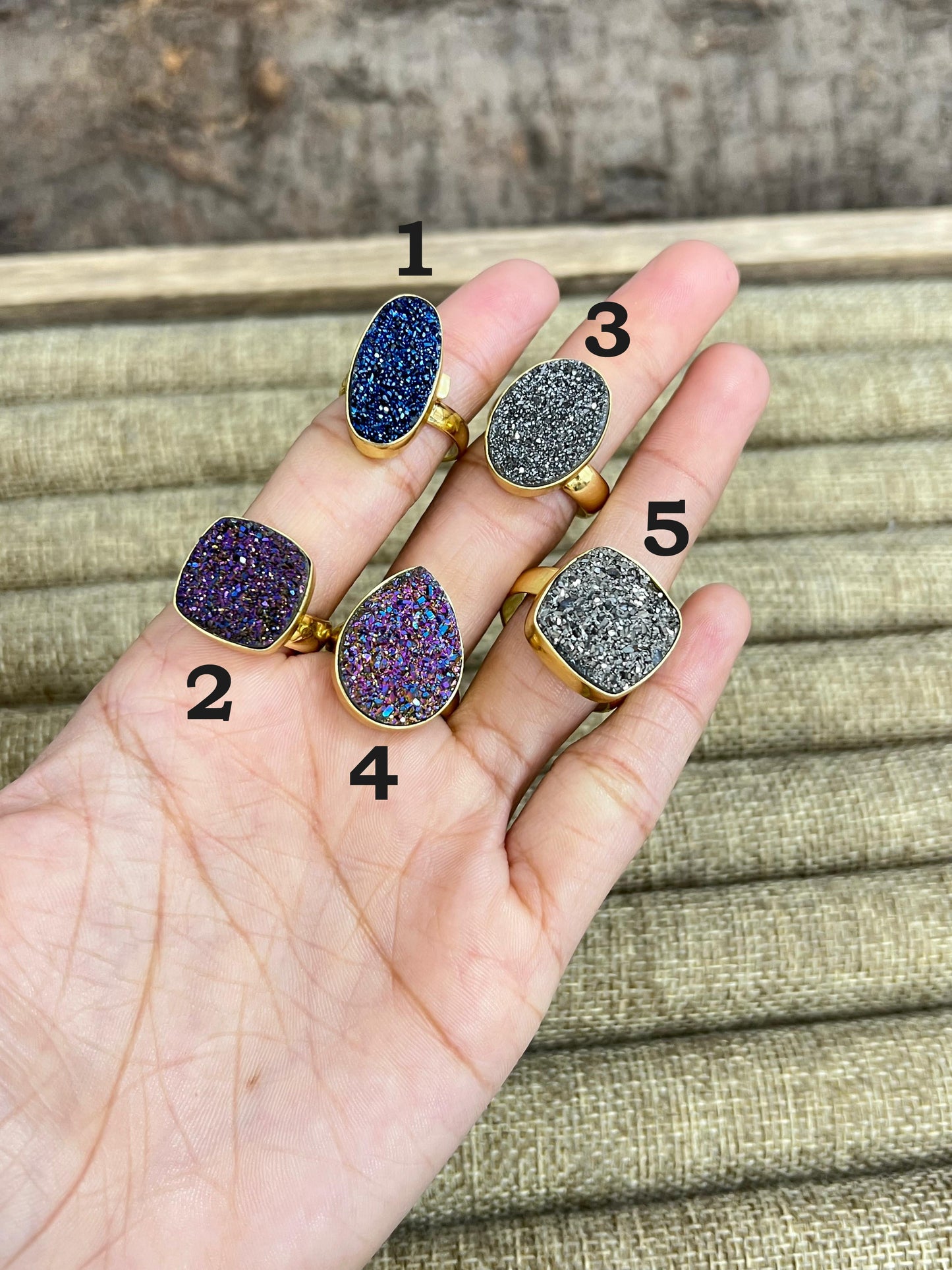 “The Boho Collection” Handmade Natural Druzy Adjustable Ring- 3 Colors