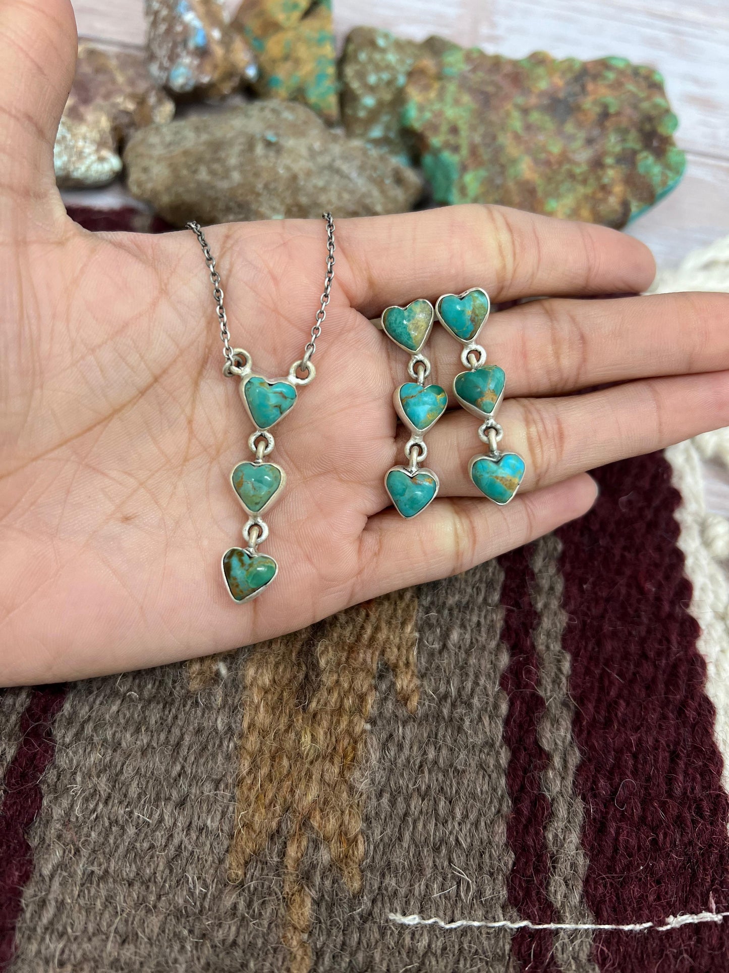 Handmade Sterling Silver Kingman Turquoise Heart Necklace Earrings Set with Signed Nizhoni
