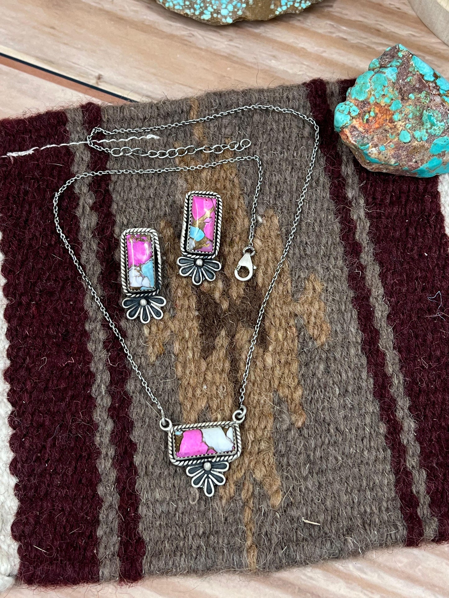 Handmade Sterling Silver Cotton Candy Turquoise Necklace Earrings Set, Signed Nizhoni