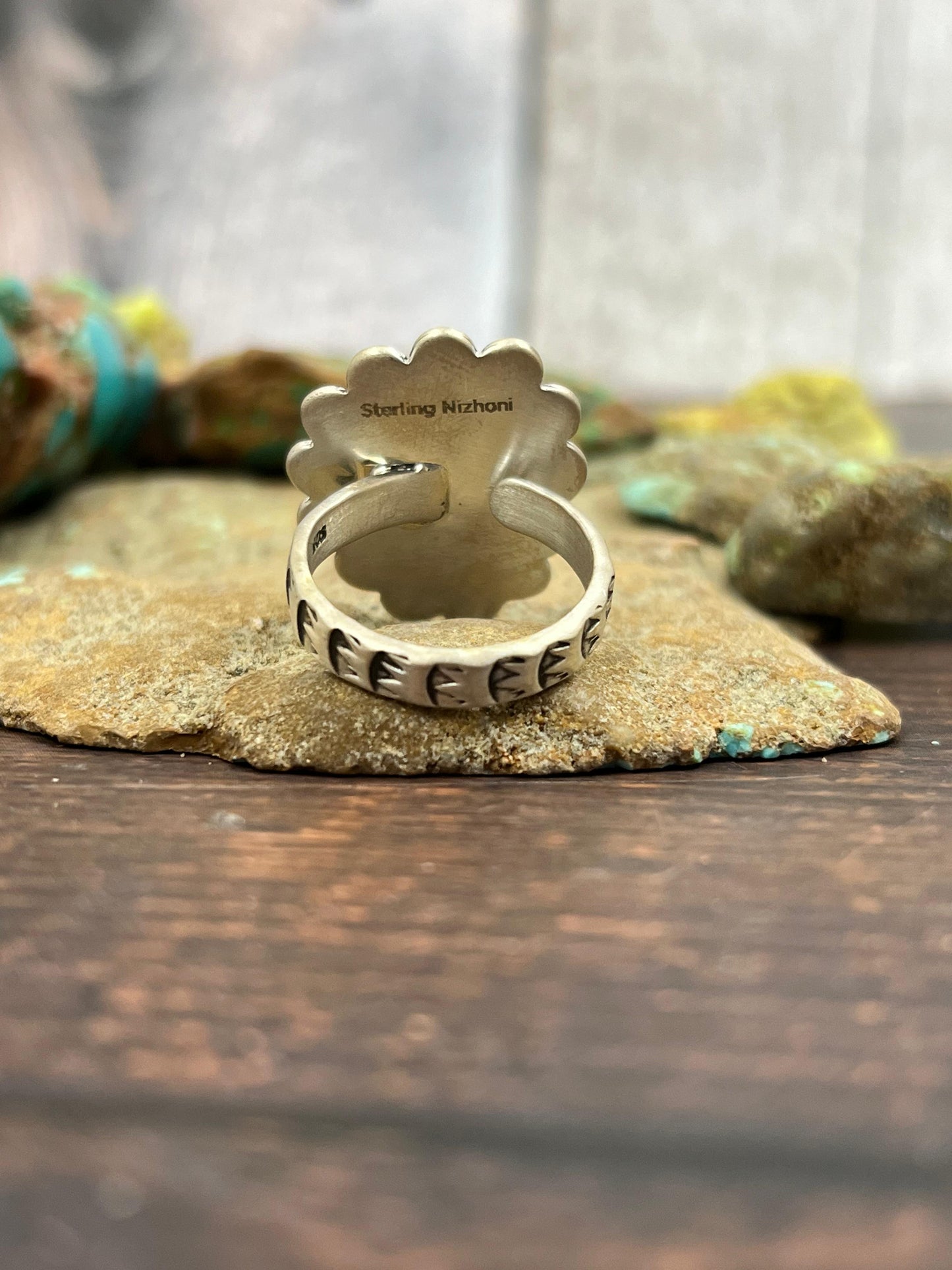 Handmade Sterling Silver Peacock Dahlia Adjustable Ring with Signed Nizhoni