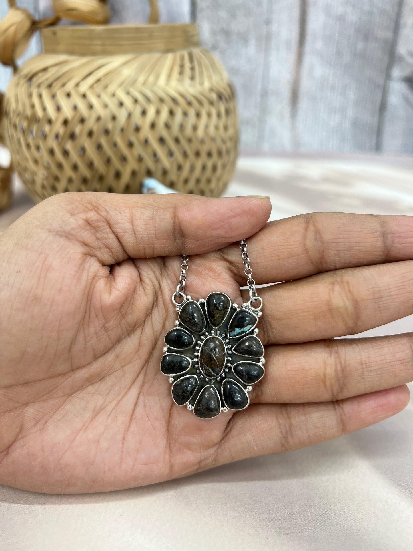Handmade Sterling Silver Black Jack Necklace with Signed Nizhoni
