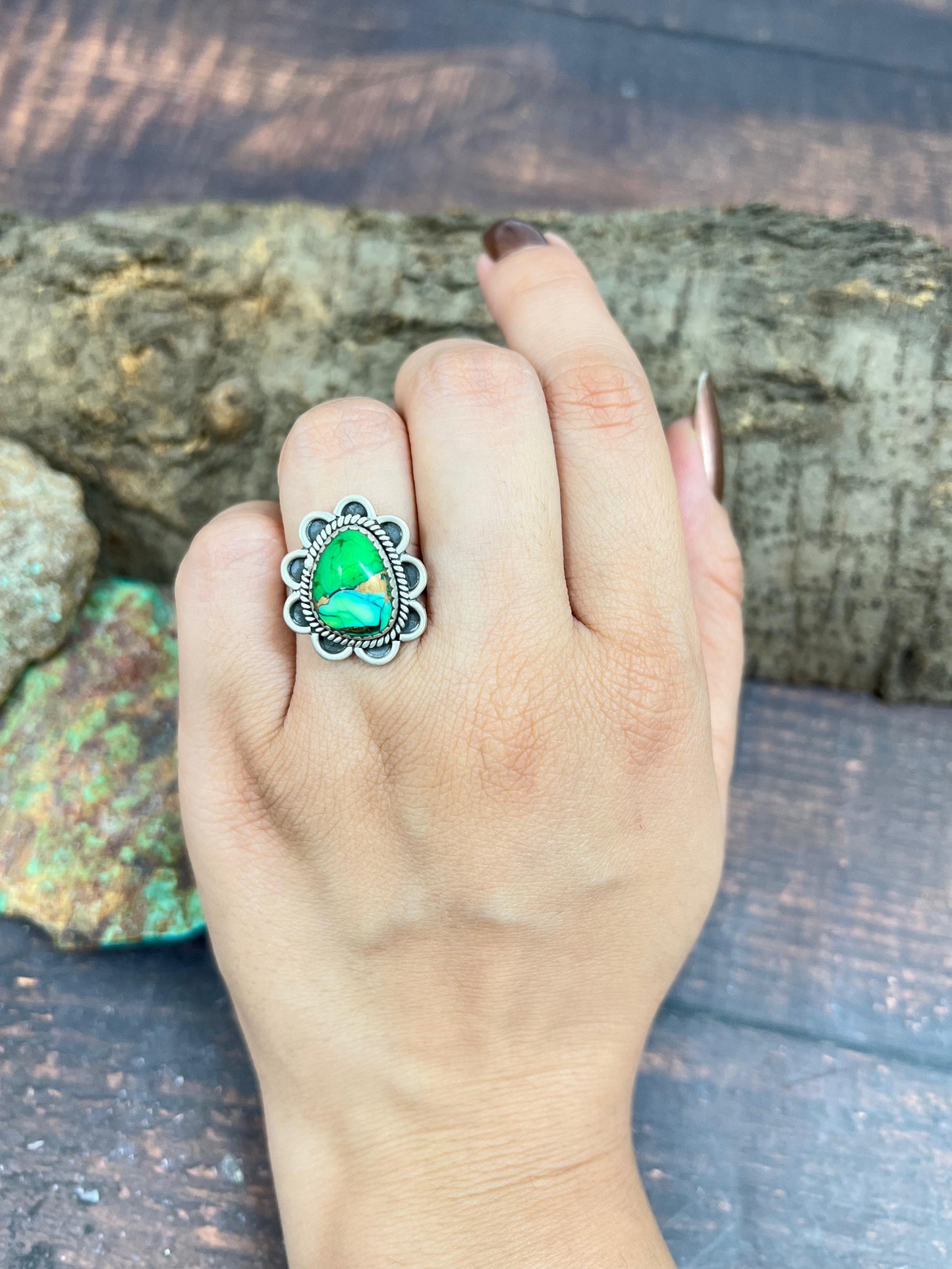 Handmade Sterling Silver Peacock Dahlia Adjustable Ring with Signed Nizhoni