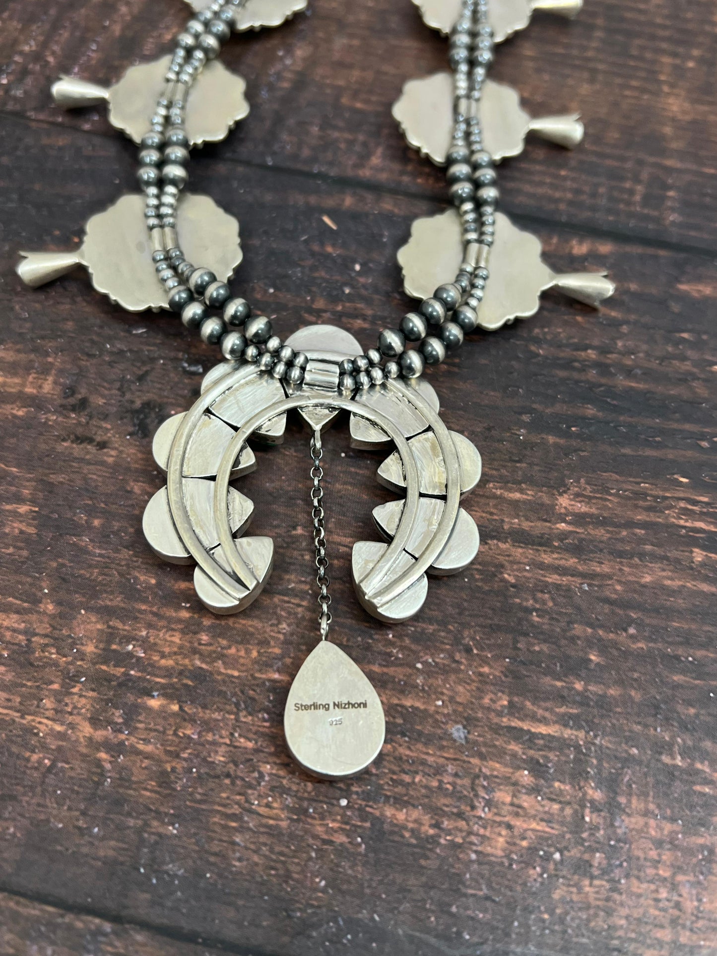 Handmade Sterling Silver Peacock Dahlia Beaded Necklace with Signed Nizhoni