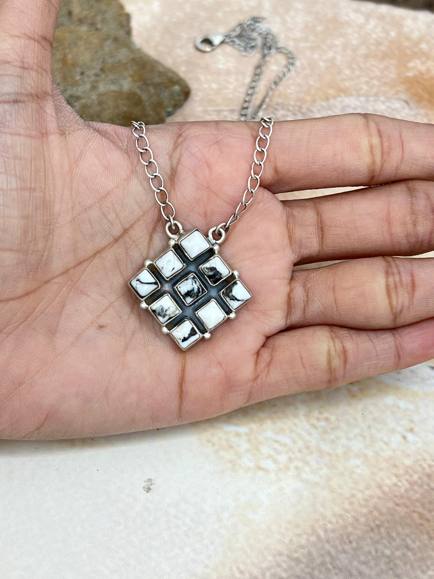 Handmade Sterling Silver White Buffalo Turquoise Necklace with Signed Nizhoni (2)