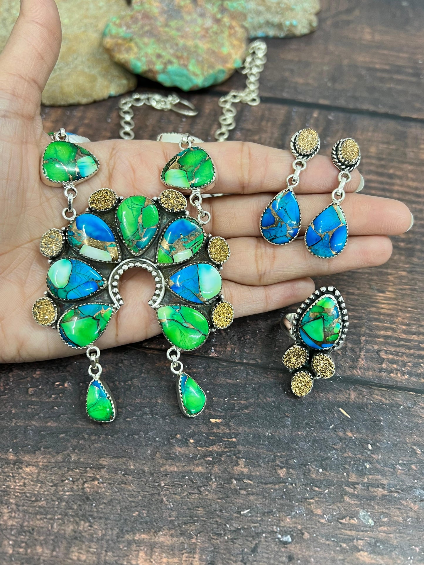 Handmade Sterling Silver Peacock Dahlia with Druzy Necklace, Ring & Earrings Set, Signed Nizhoni