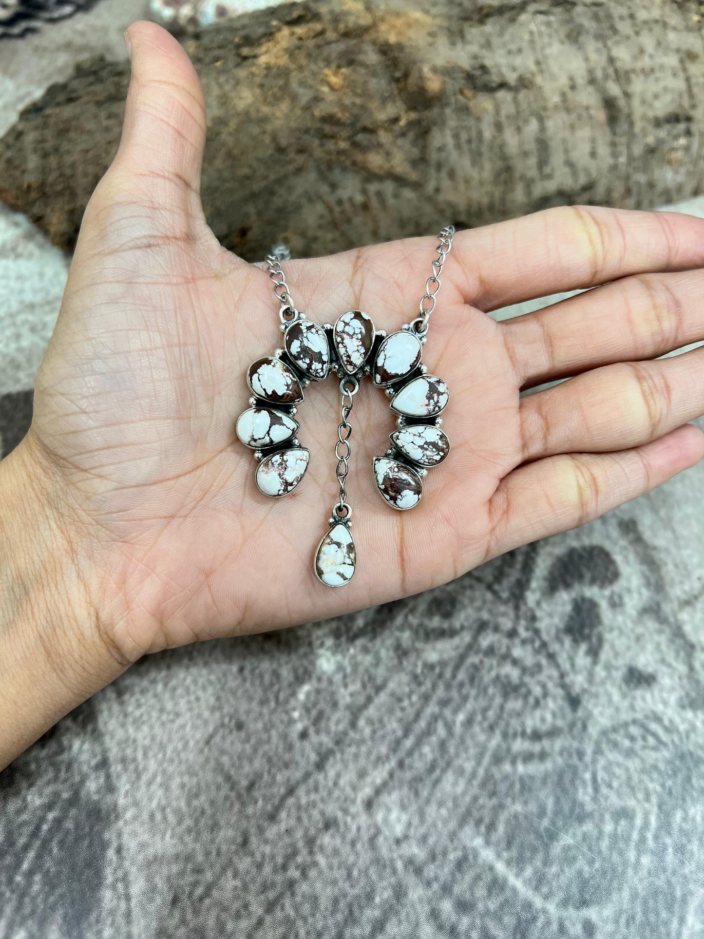 Handmade Sterling Silver Wild Horse Turquoise Squash Blossom Necklace with Signed Nizhoni