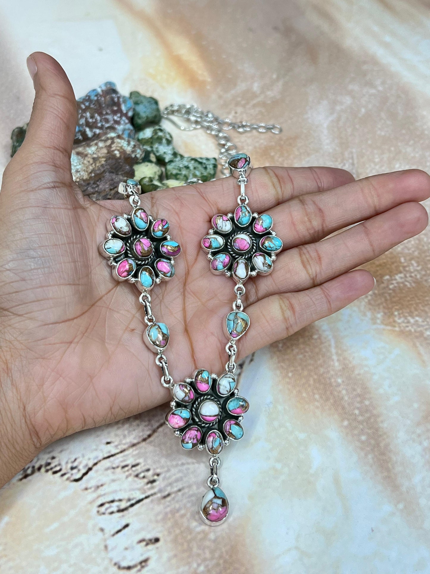 Handmade Sterling Silver Cotton Candy Turquoise Necklace with Signed Nizhoni