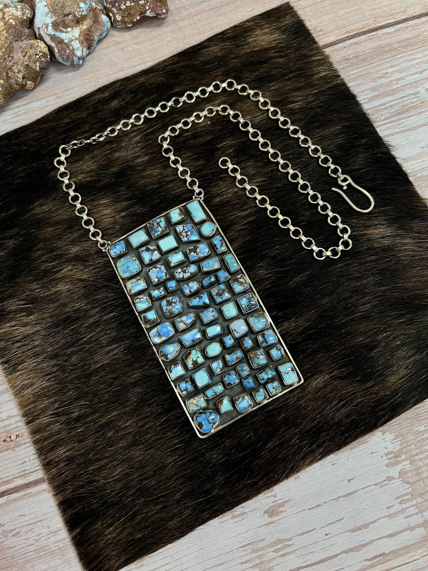 Handmade Sterling Silver Golden Hills Turquoise Necklace with Signed Nizhoni