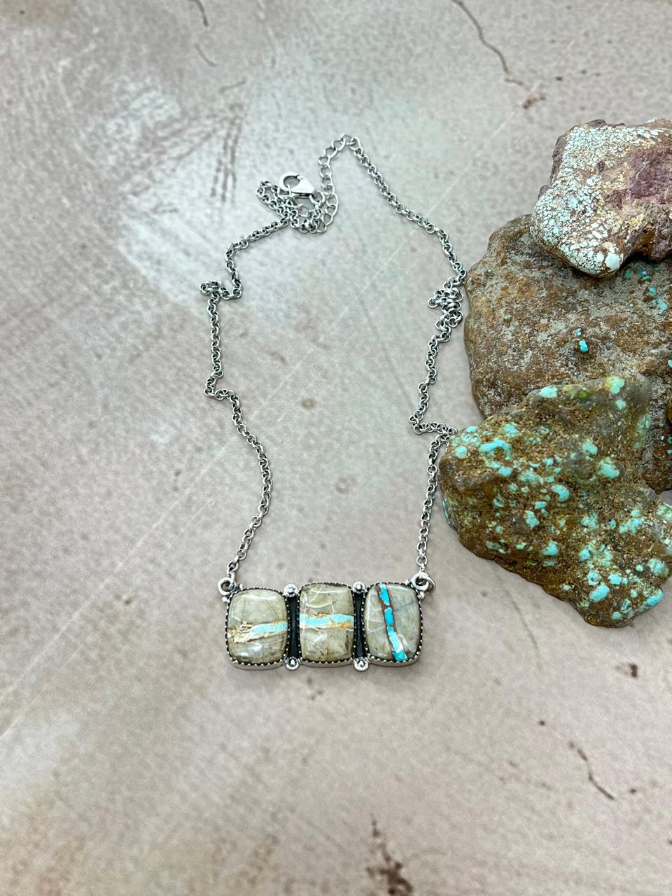 Handmade Sterling Silver Ribbon Royston Necklace with Signed Nizhoni