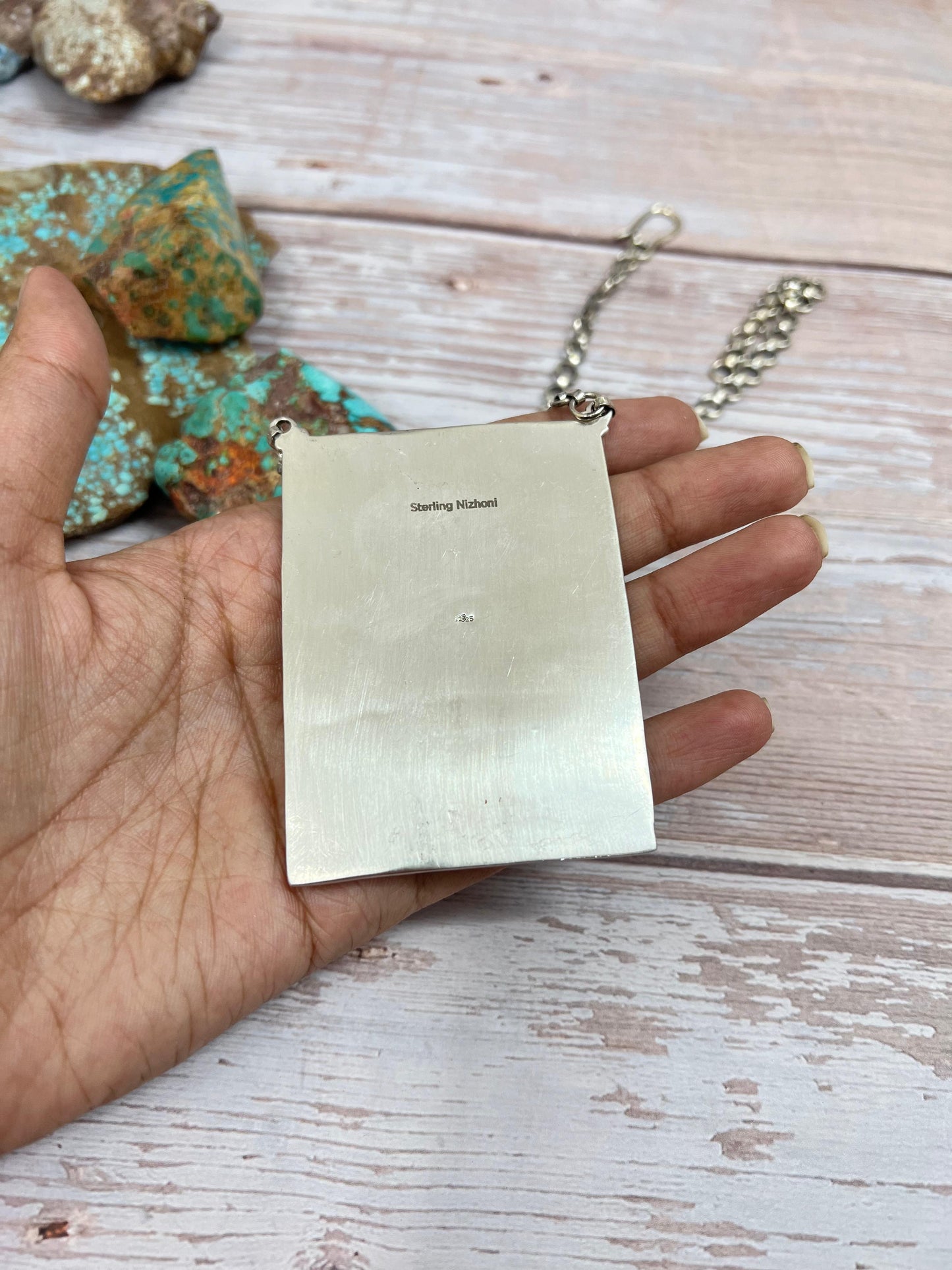 Handmade Sterling Silver Sonoran Mountain Turquoise Necklace with Signed Nizhoni (4)