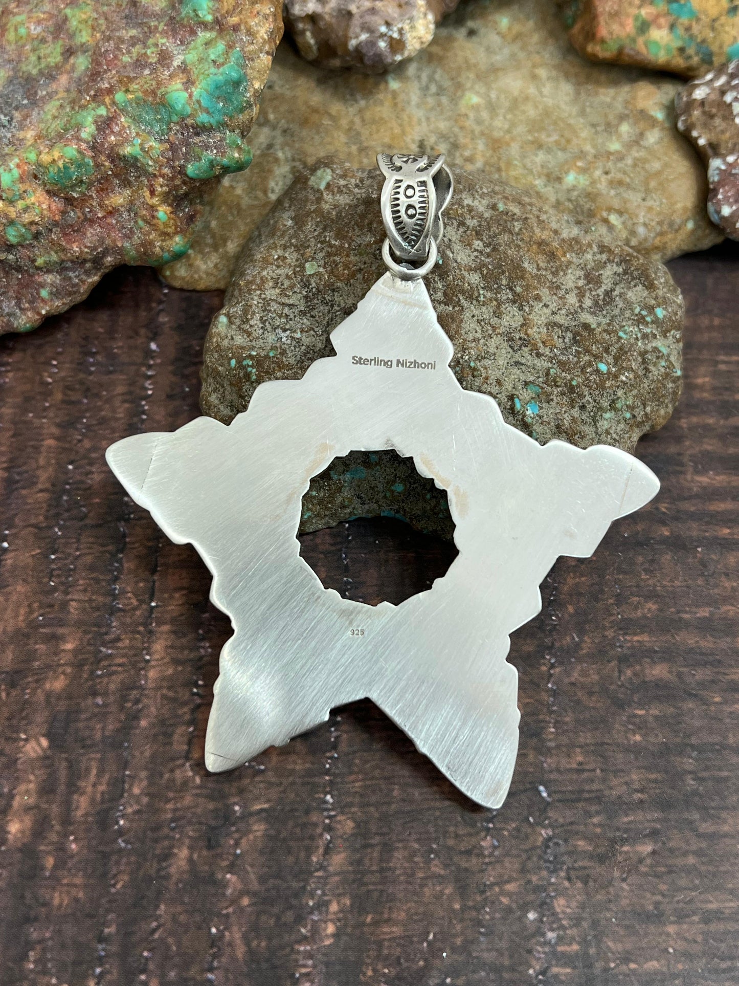 Handmade Sterling Silver Coral with Emerald Valley Star Pendant, Signed Nizhoni